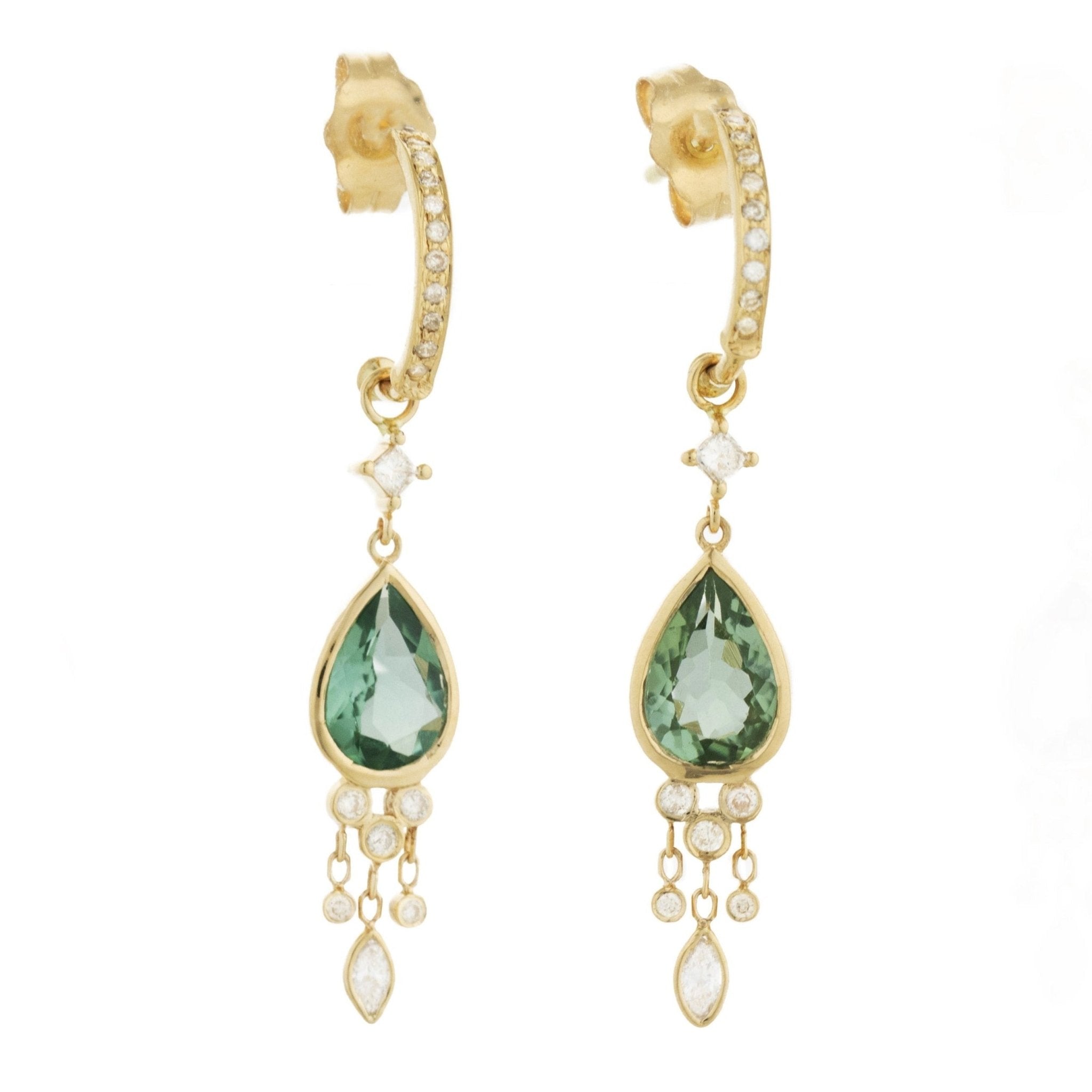 14K Gold Pave Diamond Hoops with Teardrop Green Tourmalines - Peridot Fine Jewelry - Celine Daoust