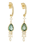 14K Gold Pave Diamond Hoops with Teardrop Green Tourmalines - Peridot Fine Jewelry - Celine Daoust