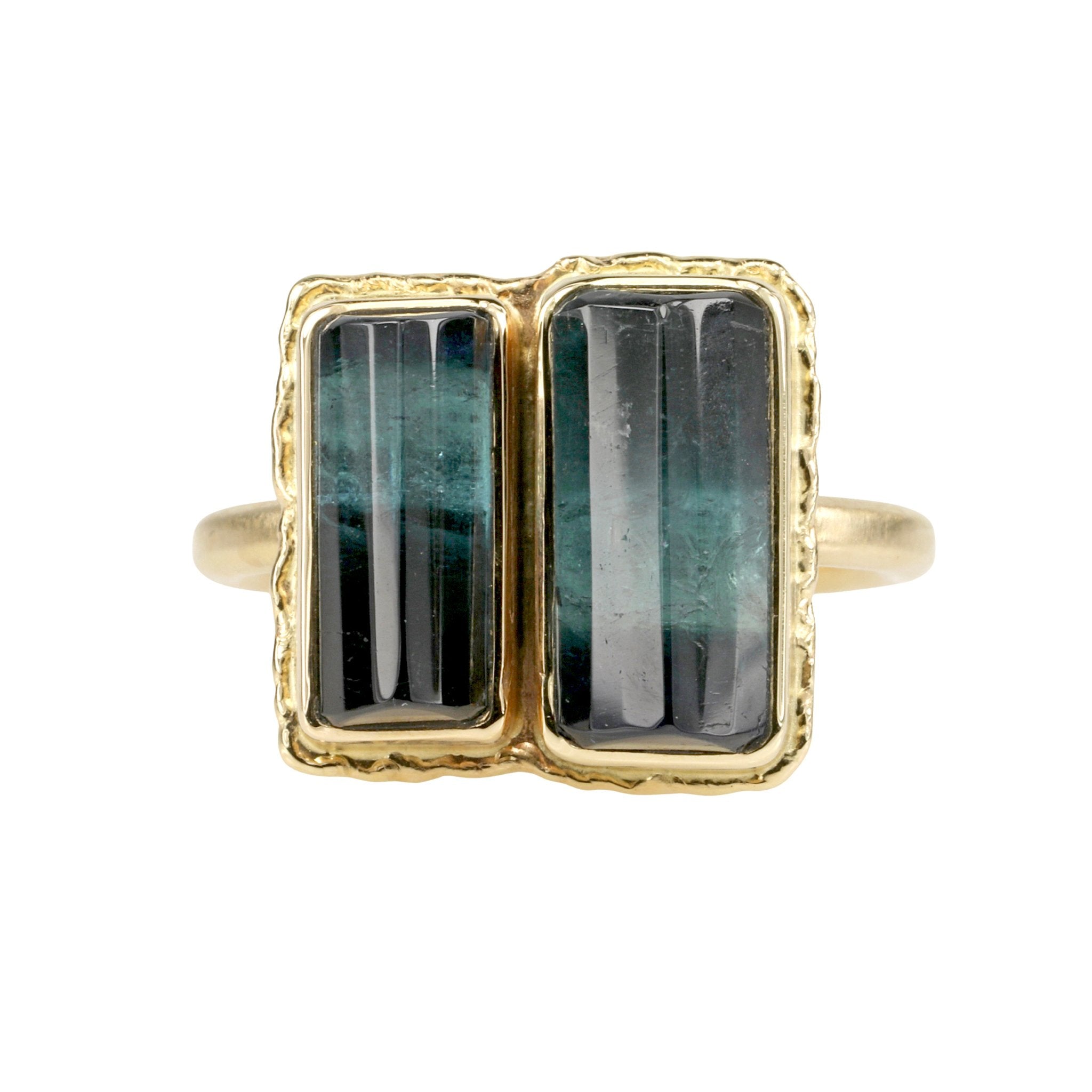 14K Gold Rectangular Double Blue-Green Tourmaline Ring - Peridot Fine Jewelry - Jamie Joseph