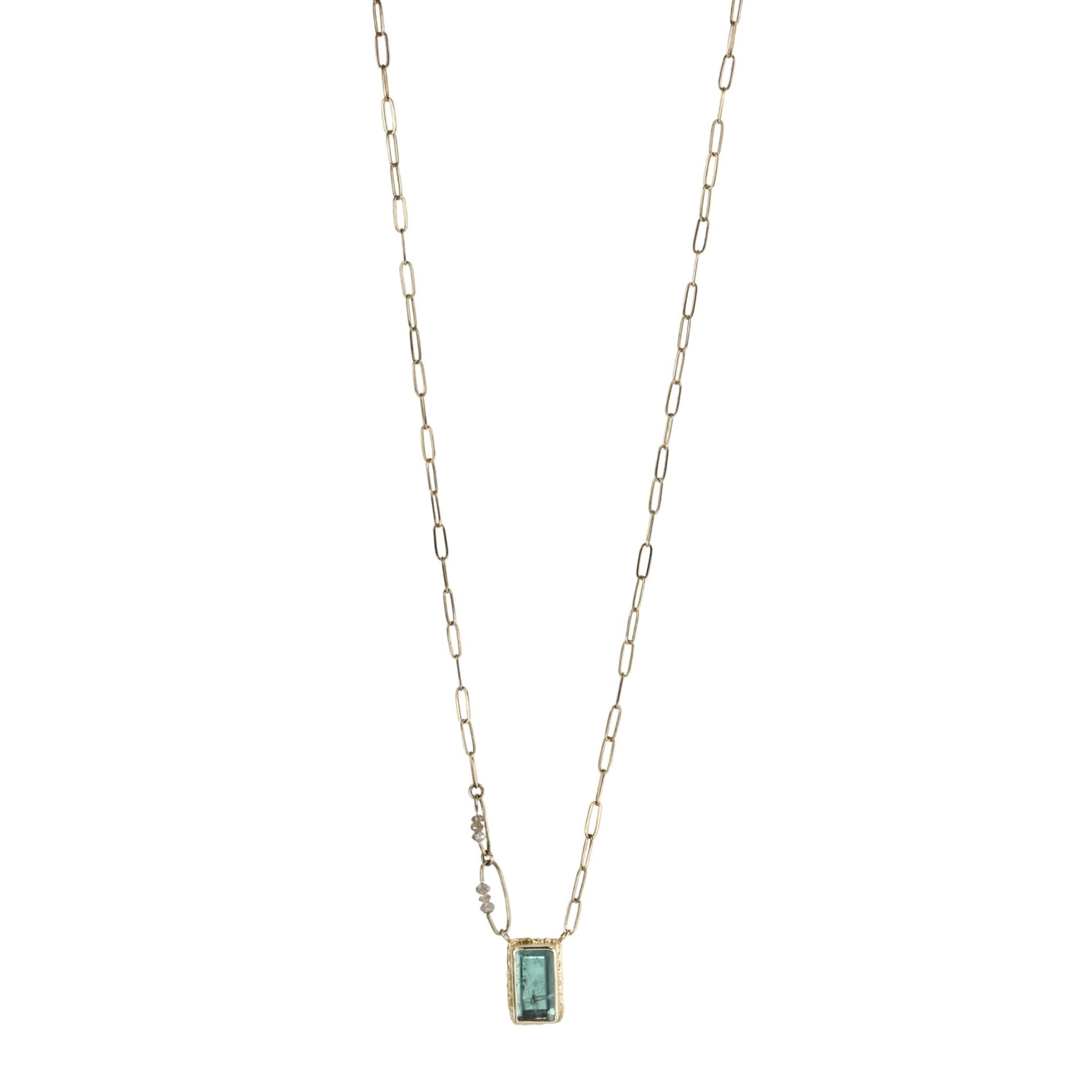 14K Gold Rectangular Indicolite Necklace with Diamonds - Peridot Fine Jewelry - Jamie Joseph