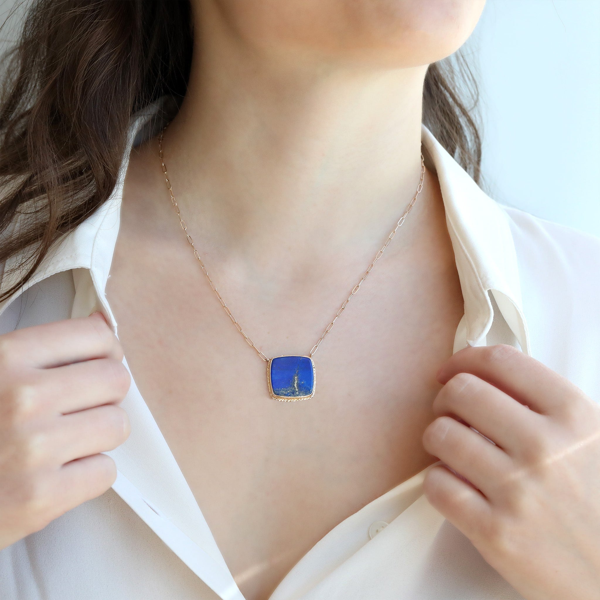 14K Gold Ruffled Bezel-Set Square Lapis Necklace - Peridot Fine Jewelry - Jamie Joseph