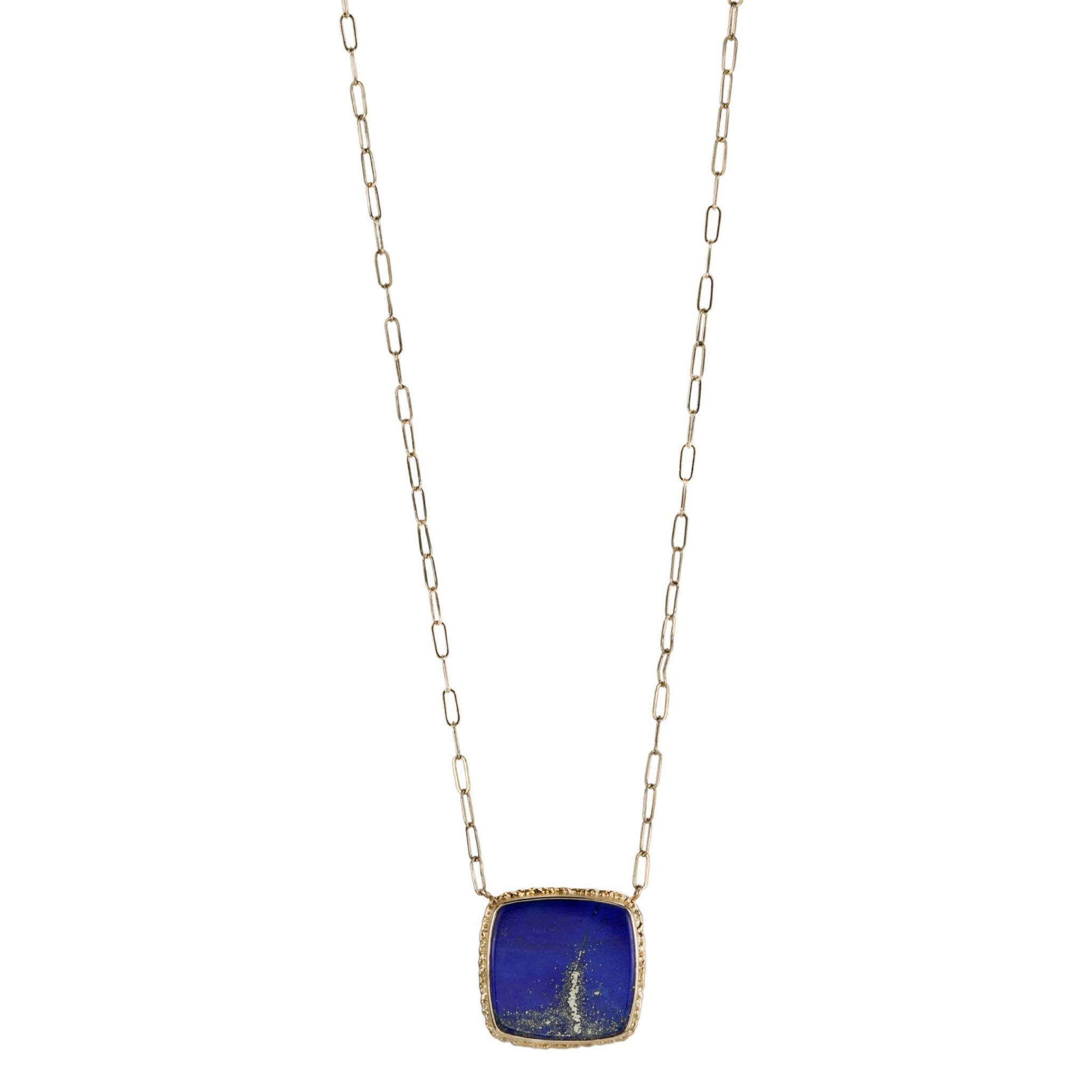 14K Gold Ruffled Bezel-Set Square Lapis Necklace - Peridot Fine Jewelry - Jamie Joseph
