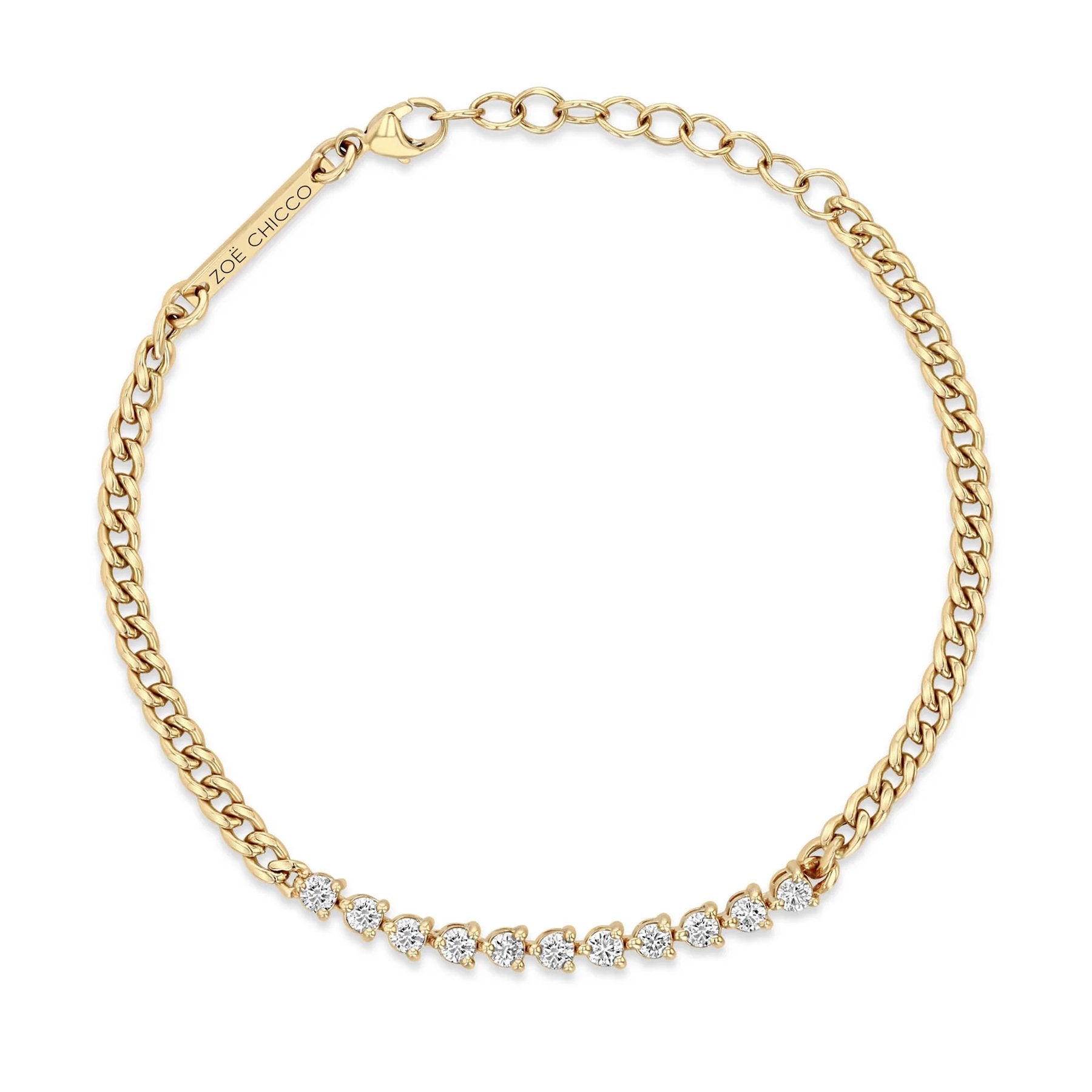 14K Gold Small Curb Chain Bracelet with Prong-Set Diamond Row - Peridot Fine Jewelry - Zoe Chicco