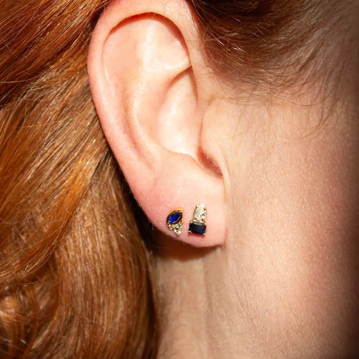14K Gold Stud Earring With Marquise Blue Sapphire and Three Diamonds - Peridot Fine Jewelry - Zoe Chicco