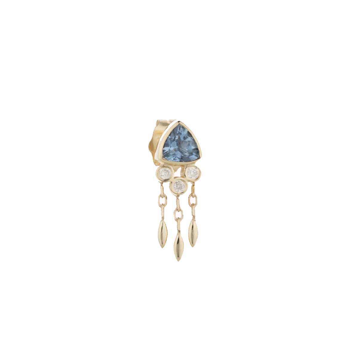 14K Gold Trillion Aquamarine Stud Earring with Three Diamonds and Dangling Details - Peridot Fine Jewelry - Celine Daoust
