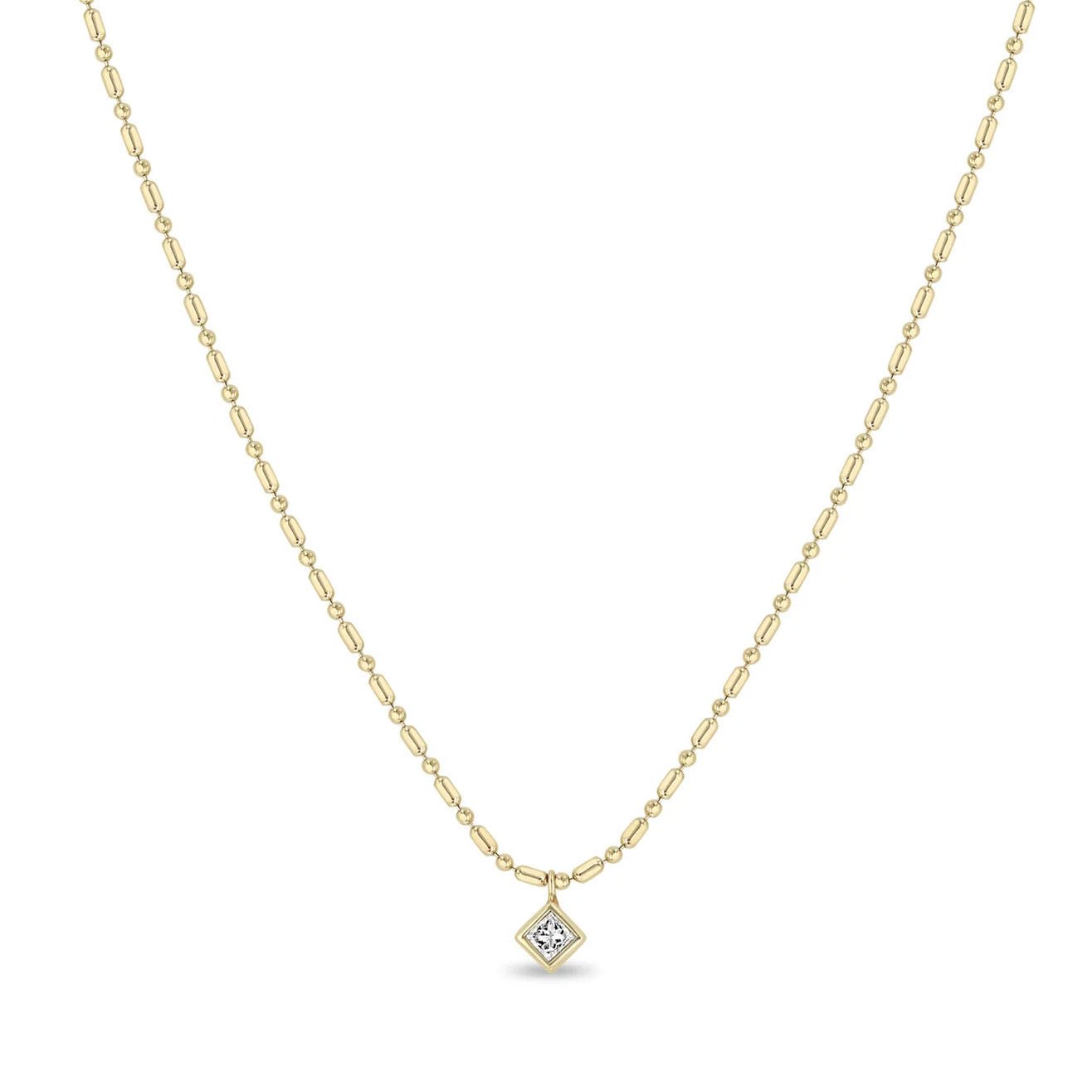 14K Gold "Tube and Bead" Chain Necklace with Princess-Cut Diamond Drop - Peridot Fine Jewelry - Zoe Chicco