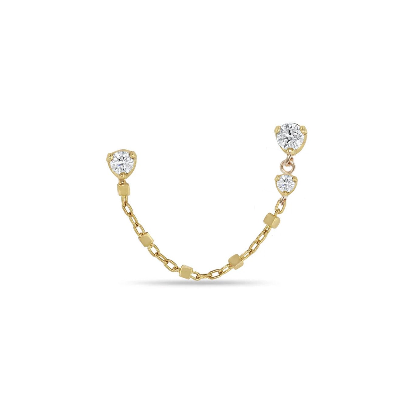 14K Gold Two Diamond Stud with Square Bead Chain Drop & Single Diamond Stud - Peridot Fine Jewelry - Zoe Chicco