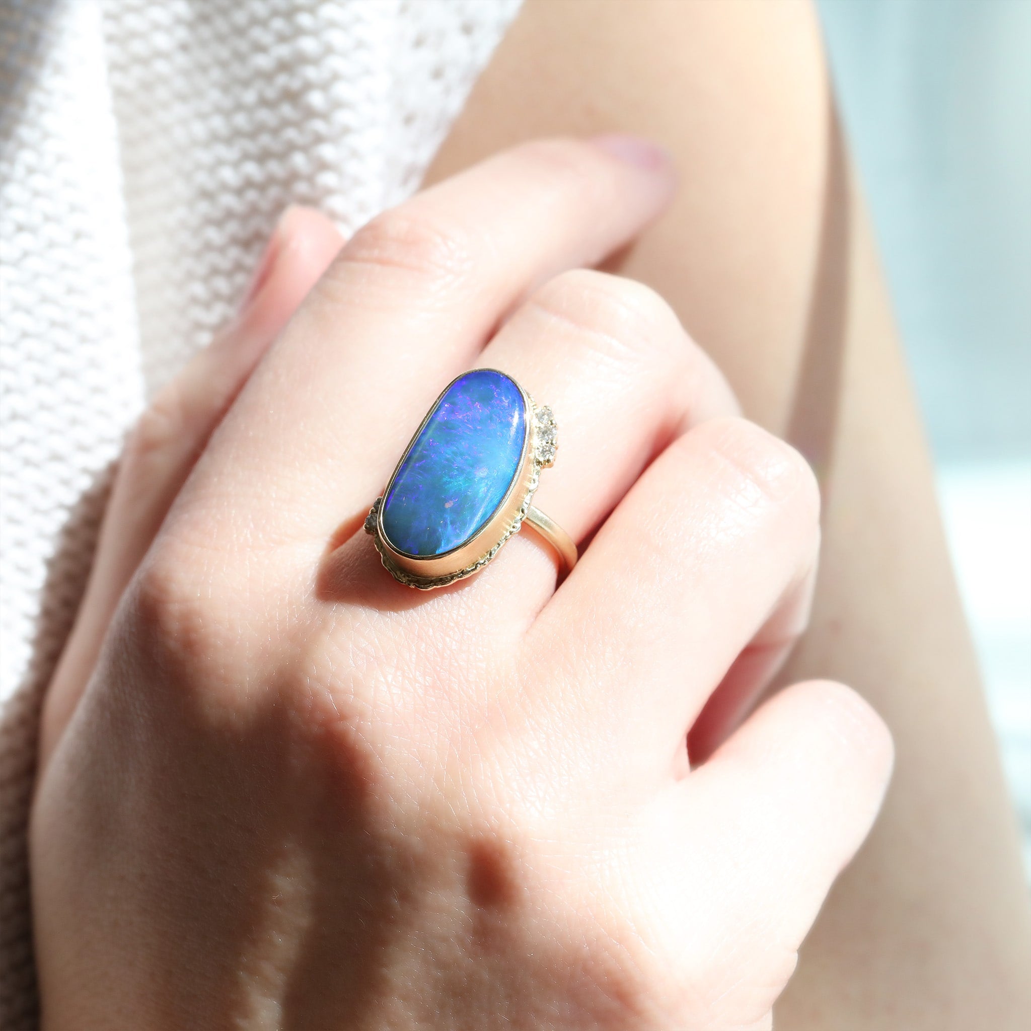 14K Gold Vertical Asymmetrical Australian Opal Ring with Diamonds - Peridot Fine Jewelry - Jamie Joseph
