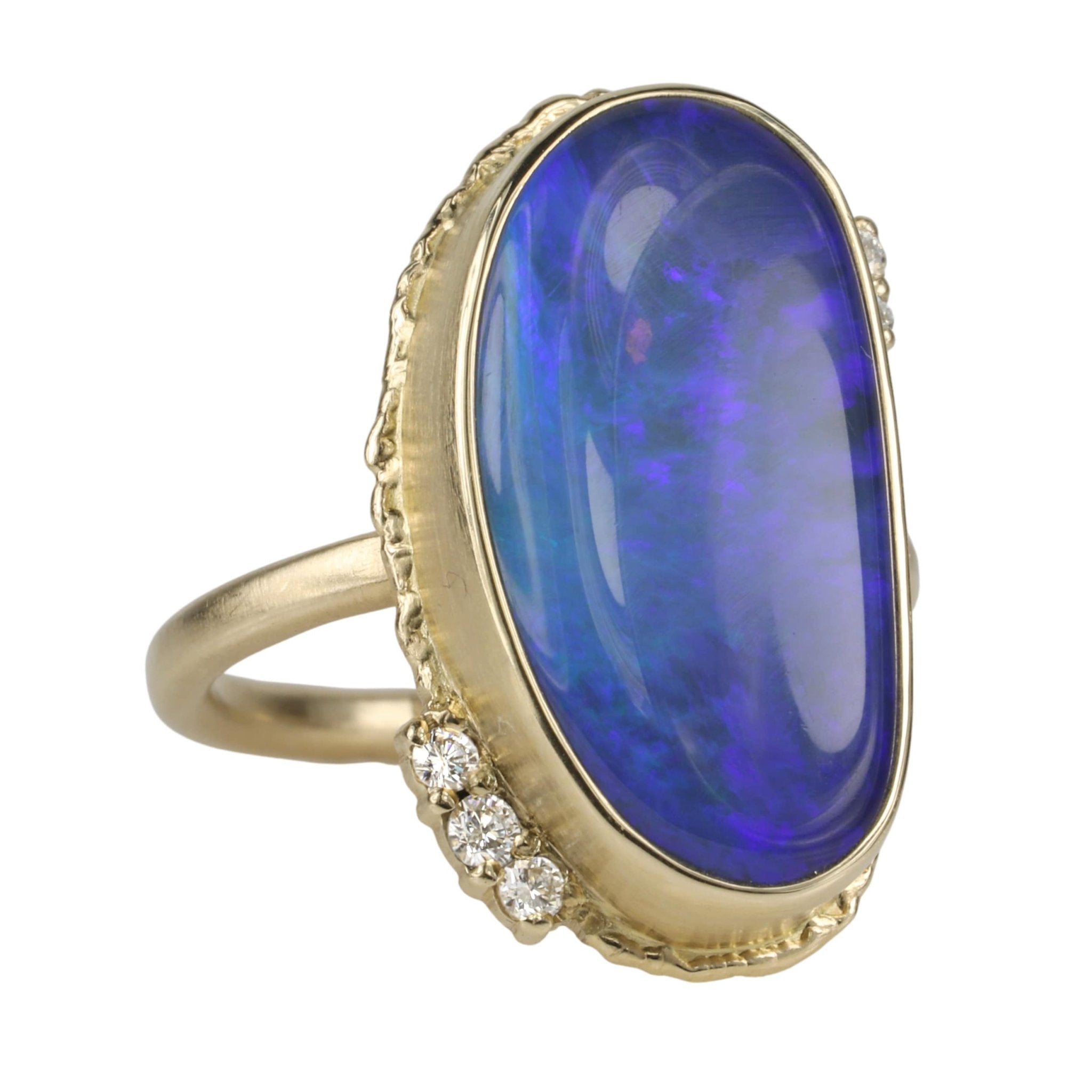 14K Gold Vertical Asymmetrical Australian Opal Ring with Diamonds - Peridot Fine Jewelry - Jamie Joseph