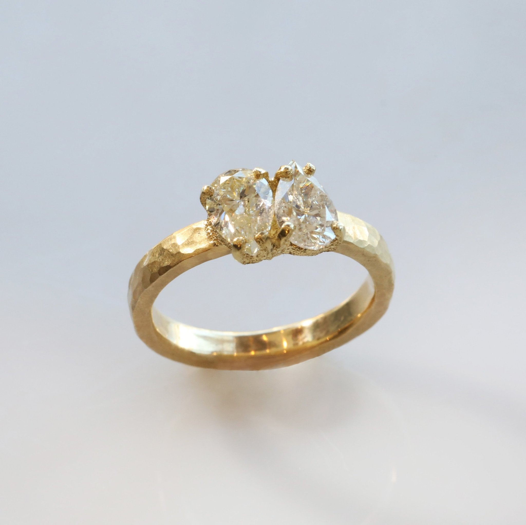 TAP by Todd Pownell 18 Karat Yellow Gold Hammered Band with Two Pear Shaped Diamonds