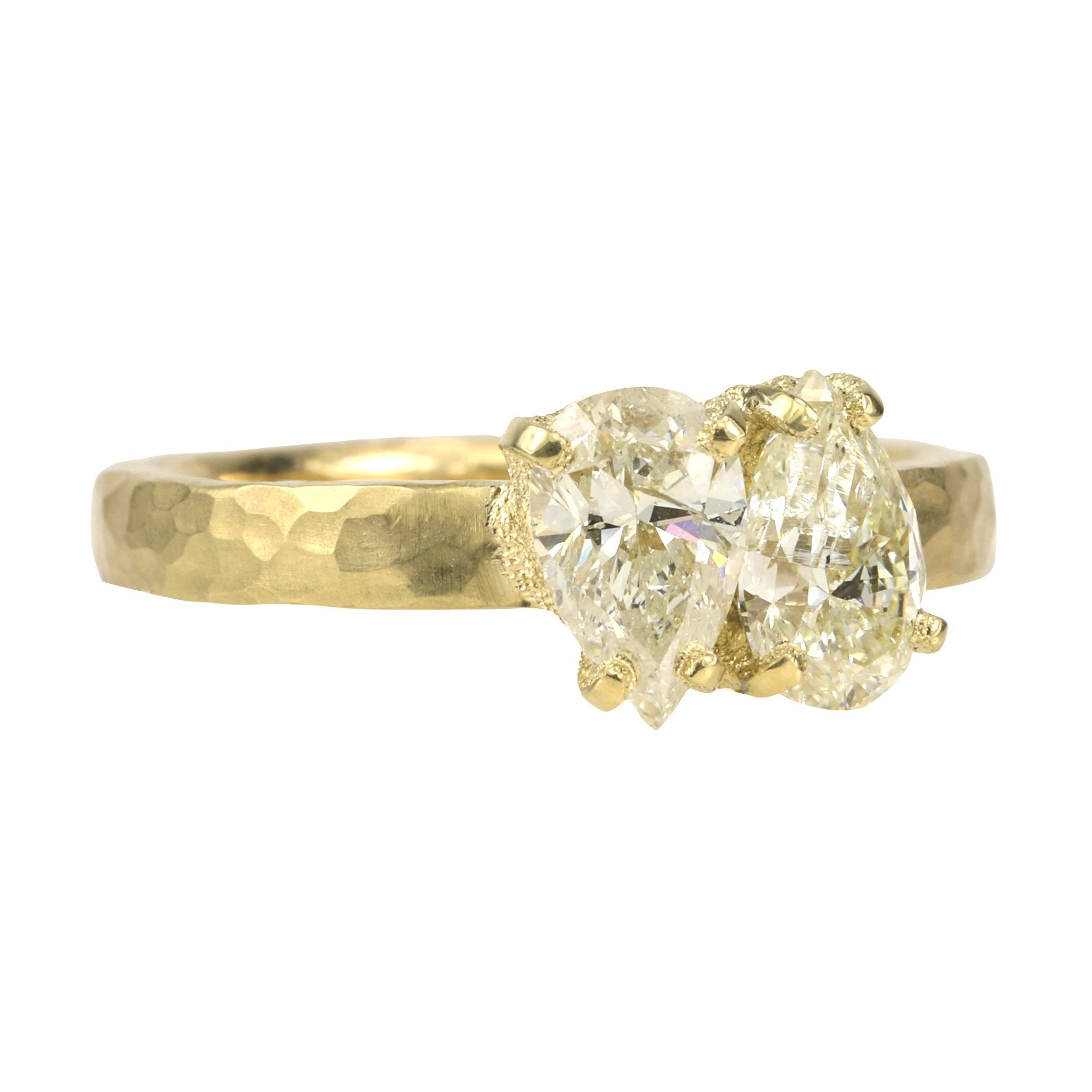 TAP by Todd Pownell 18 Karat Yellow Gold Hammered Band with Two Pear Shaped Diamonds