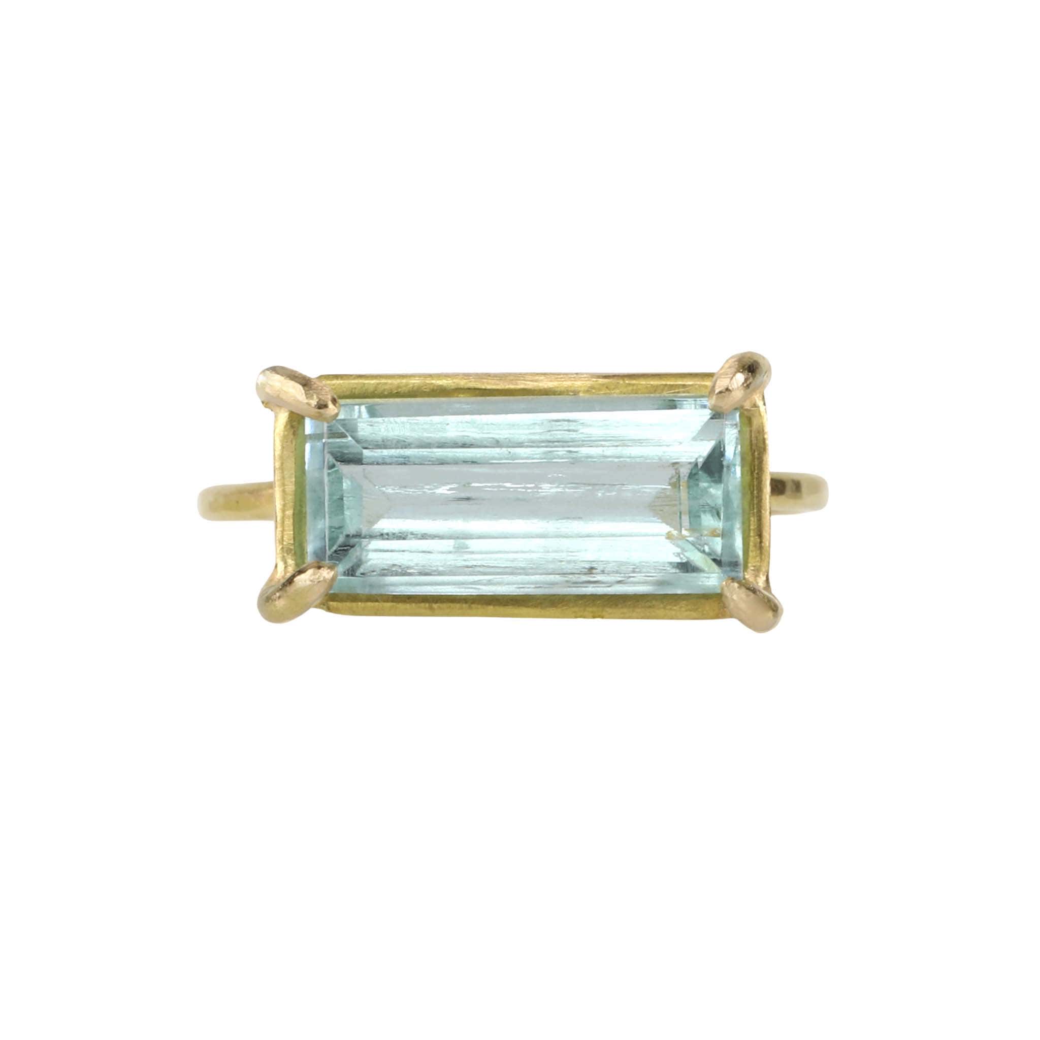 18 Karat Yellow Gold Prong-Set Emerald Cut Aquamarine "Mini Gem" Ring - Peridot Fine Jewelry - Rosanne Pugliese