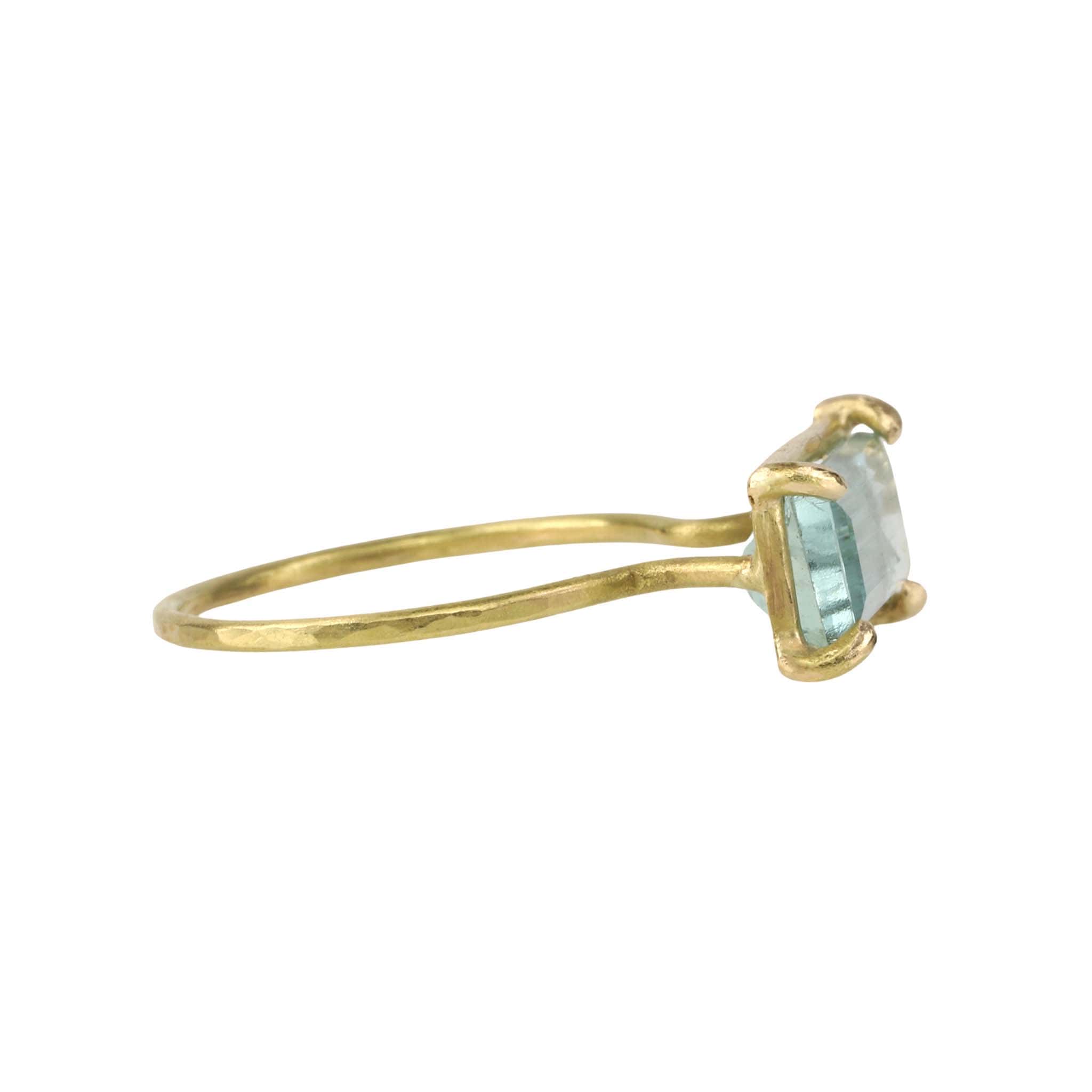 18 Karat Yellow Gold Prong-Set Emerald Cut Aquamarine "Mini Gem" Ring - Peridot Fine Jewelry - Rosanne Pugliese