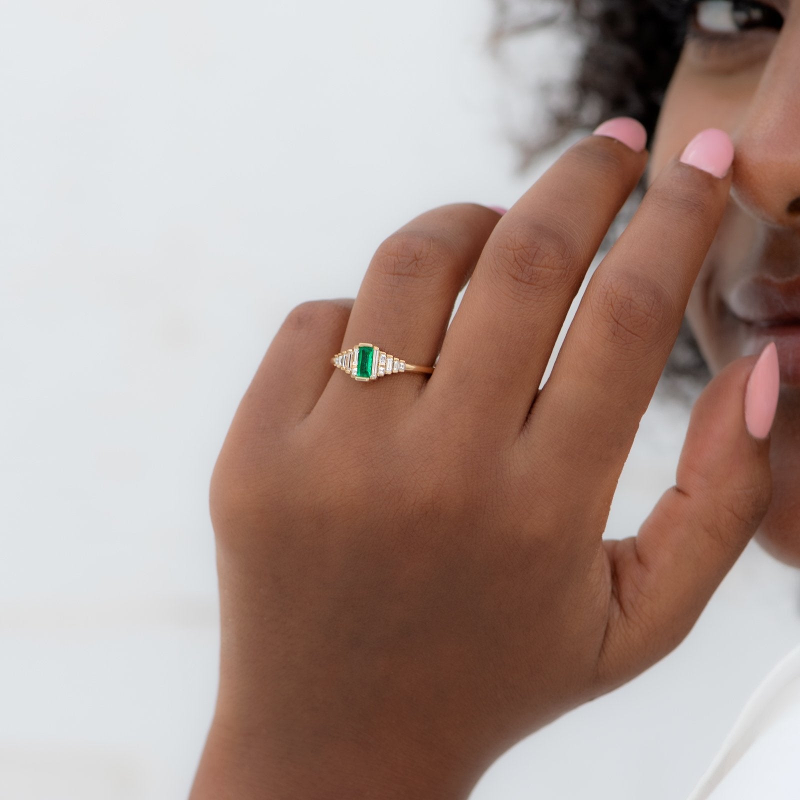 Artemer Emerald Ring with Graduated Needle Baguette Diamonds