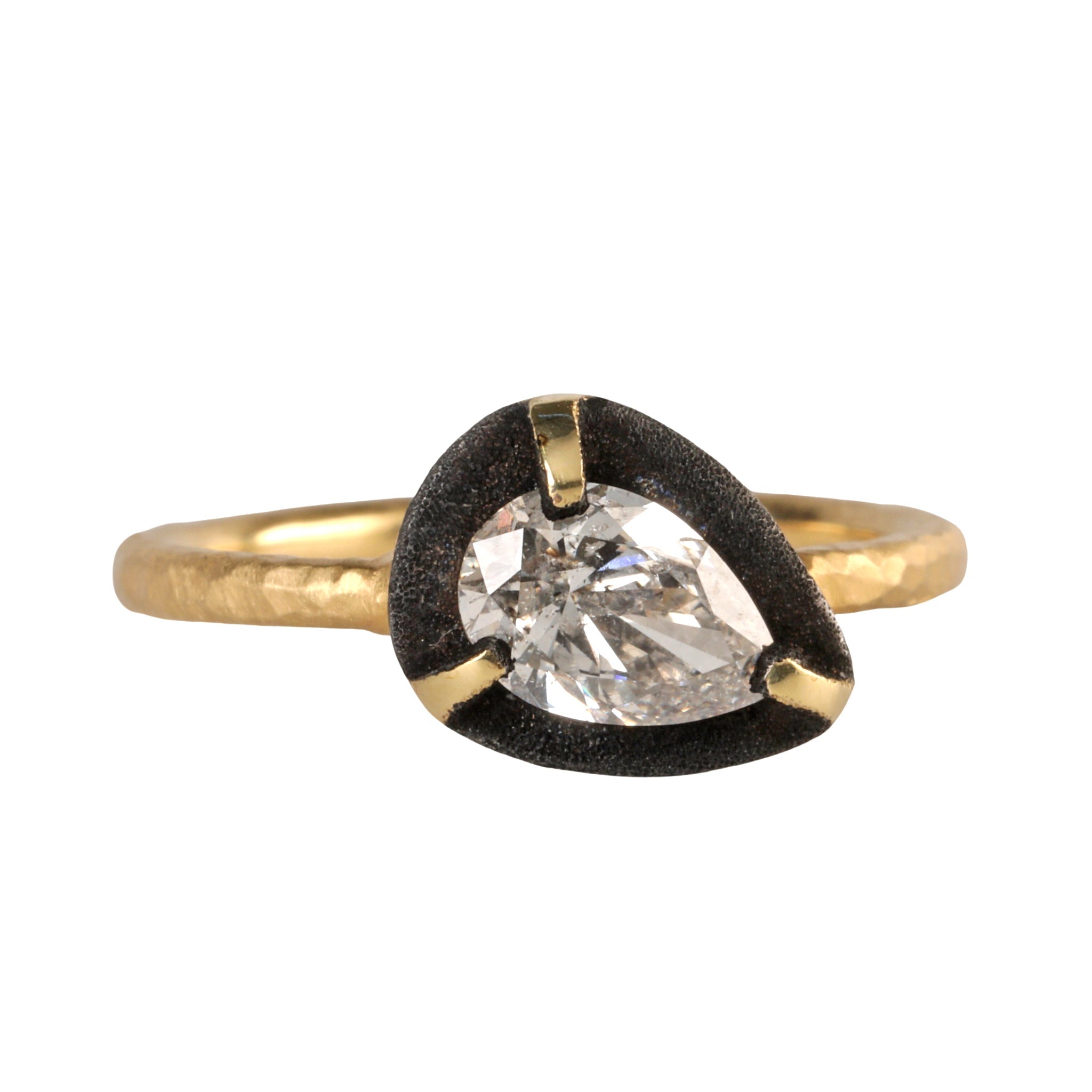 18K Gold and Pear-Shaped Diamond Ring Surrounded by Blackened White Gold Halo - Peridot Fine Jewelry - TAP by Todd Pownell