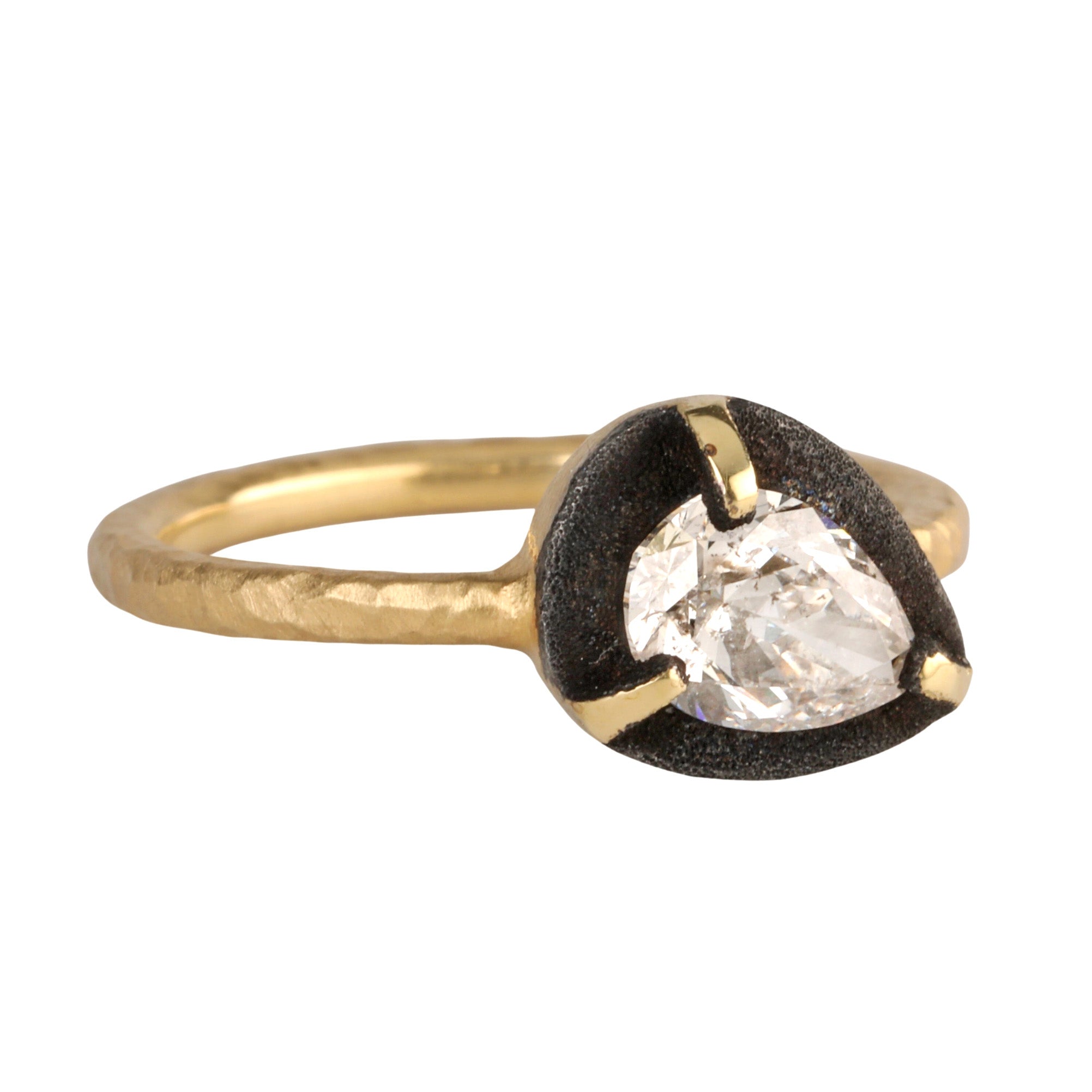 18K Gold and Pear-Shaped Diamond Ring Surrounded by Blackened White Gold Halo - Peridot Fine Jewelry - TAP by Todd Pownell