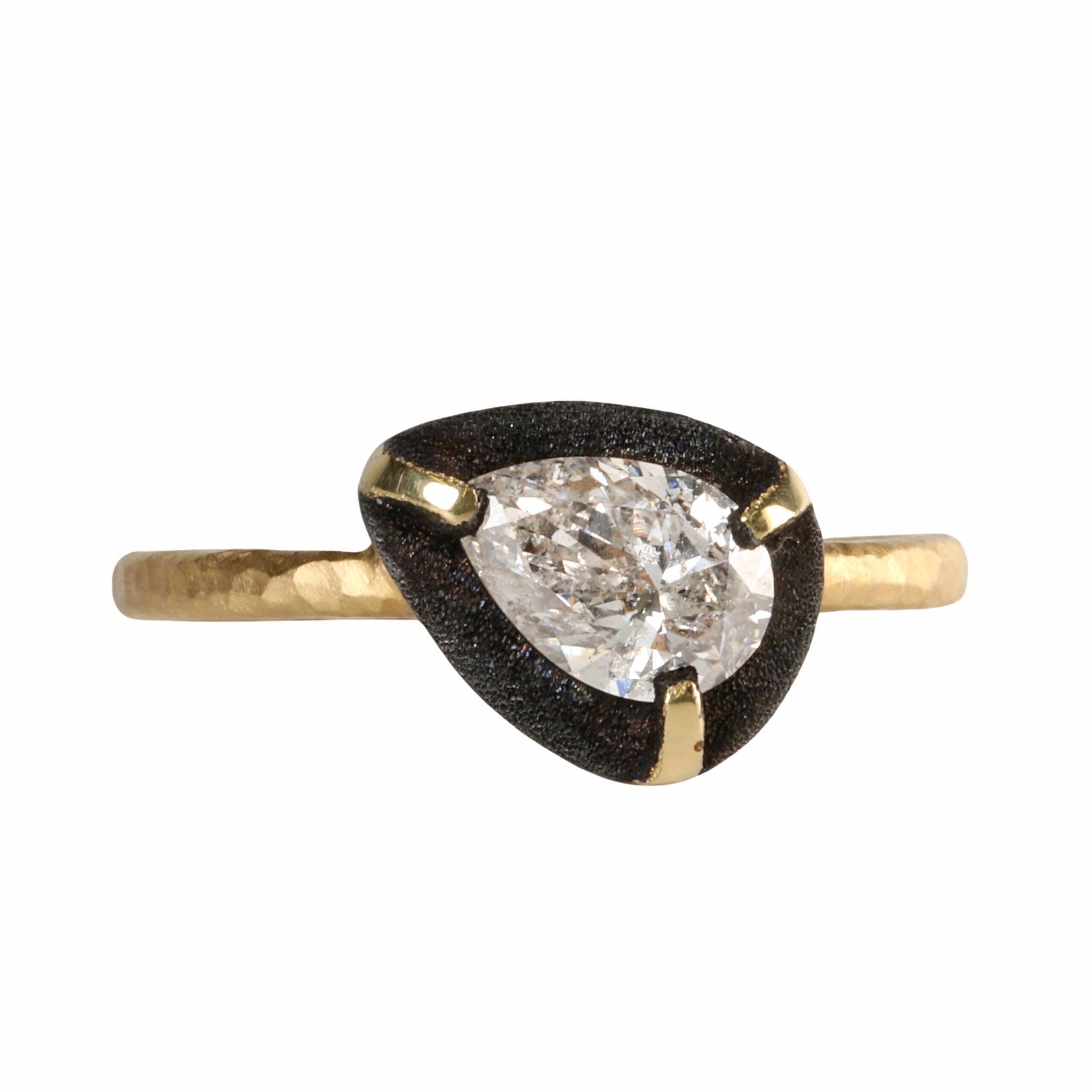 18K Gold and Pear-Shaped Diamond Ring Surrounded by Blackened White Gold Halo - Peridot Fine Jewelry - TAP by Todd Pownell