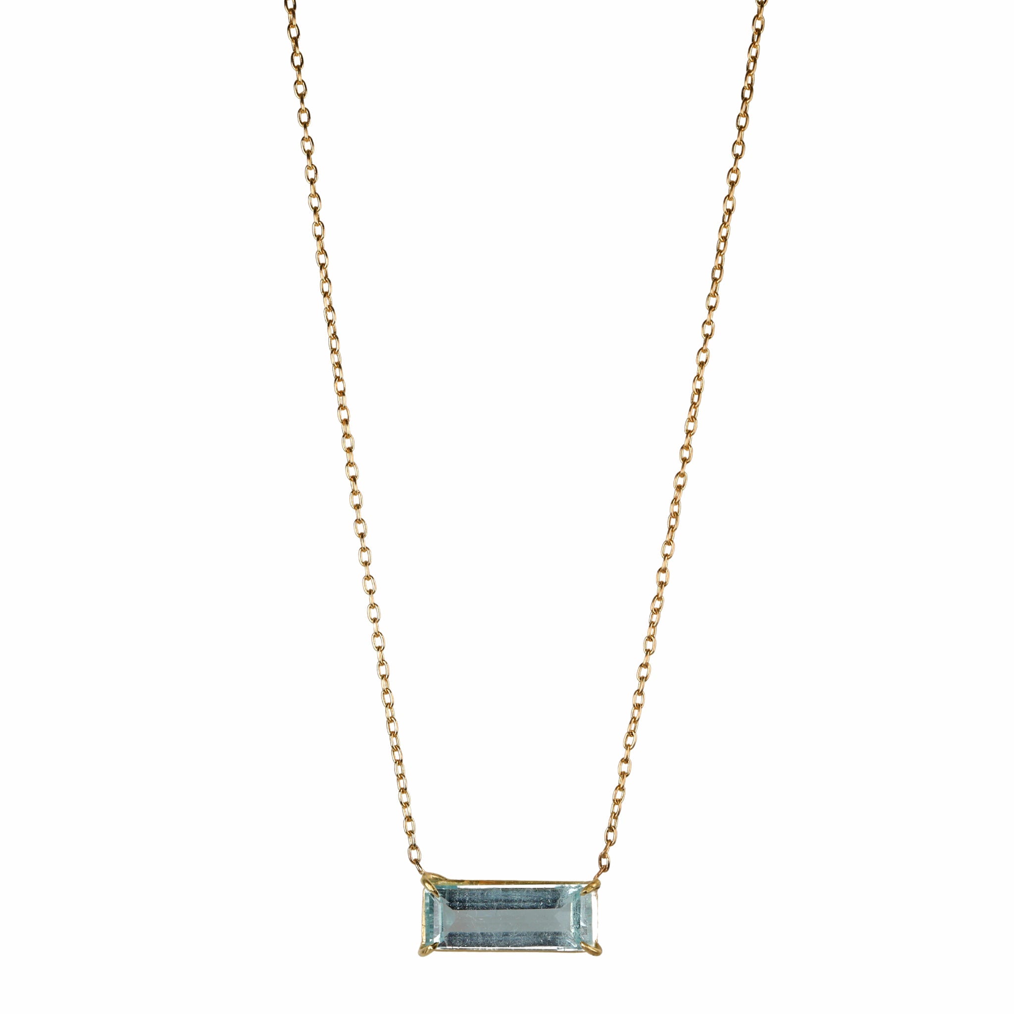 18K Gold Aquamarine Bar Pendant Necklace on 14K Gold Chain - Peridot Fine Jewelry - Rosanne Pugliese