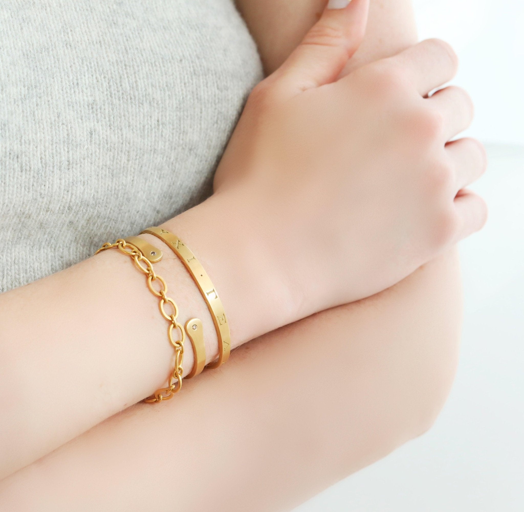 18K Gold Cuff Bracelet with Hand-Engraved Ancient Greek Lettering