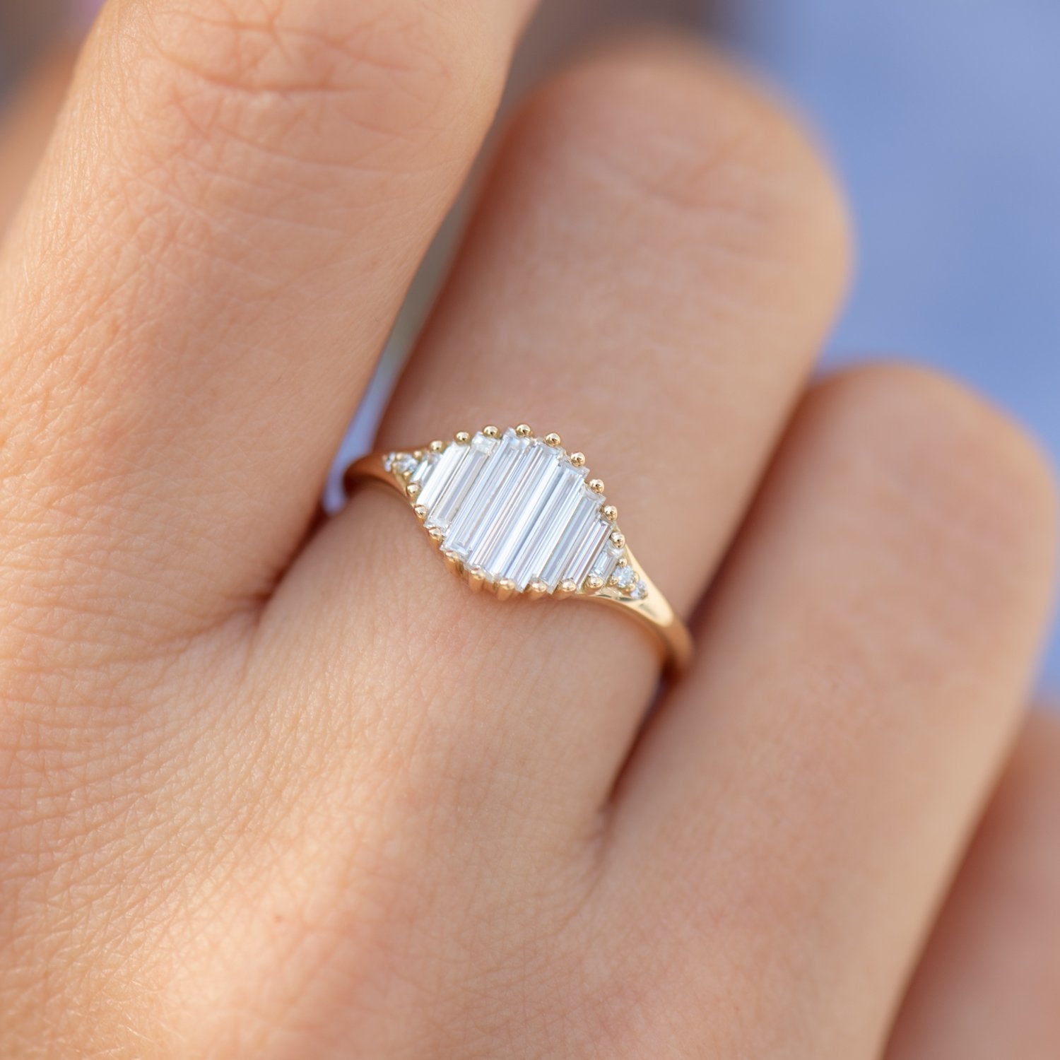 18K Gold Graduated Needle Baguette Diamond "Pond of Light" Ring - Peridot Fine Jewelry - Artemer