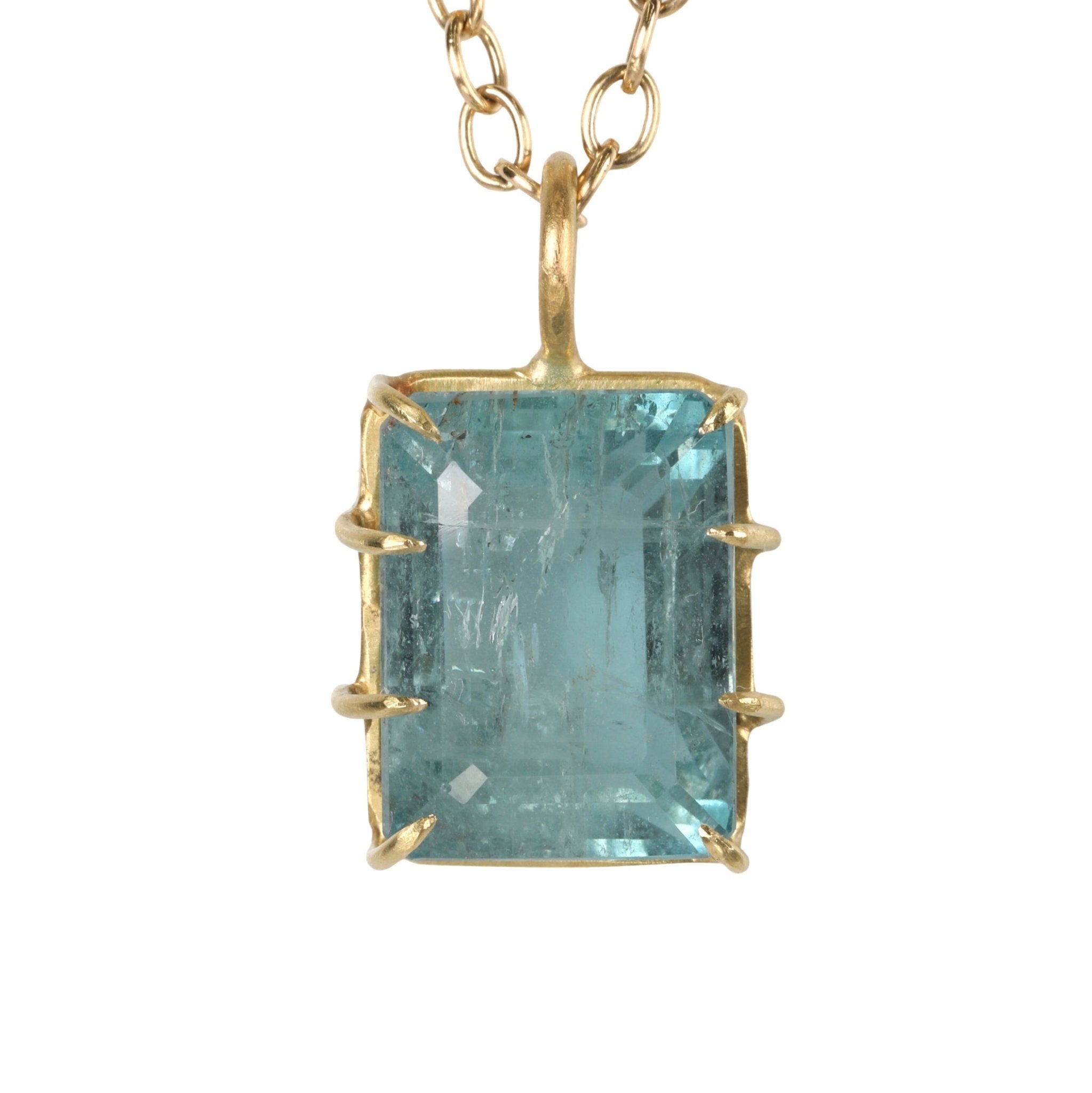 18K Gold Multi Prong-Set Aquamarine Cube Pendant - Peridot Fine Jewelry - Rosanne Pugliese