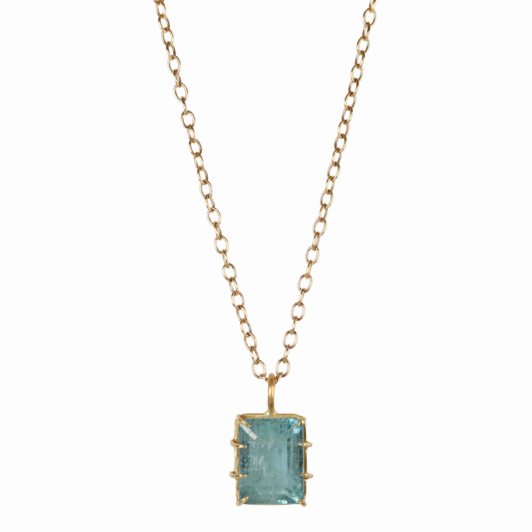 18K Gold Multi Prong-Set Aquamarine Cube Pendant - Peridot Fine Jewelry - Rosanne Pugliese