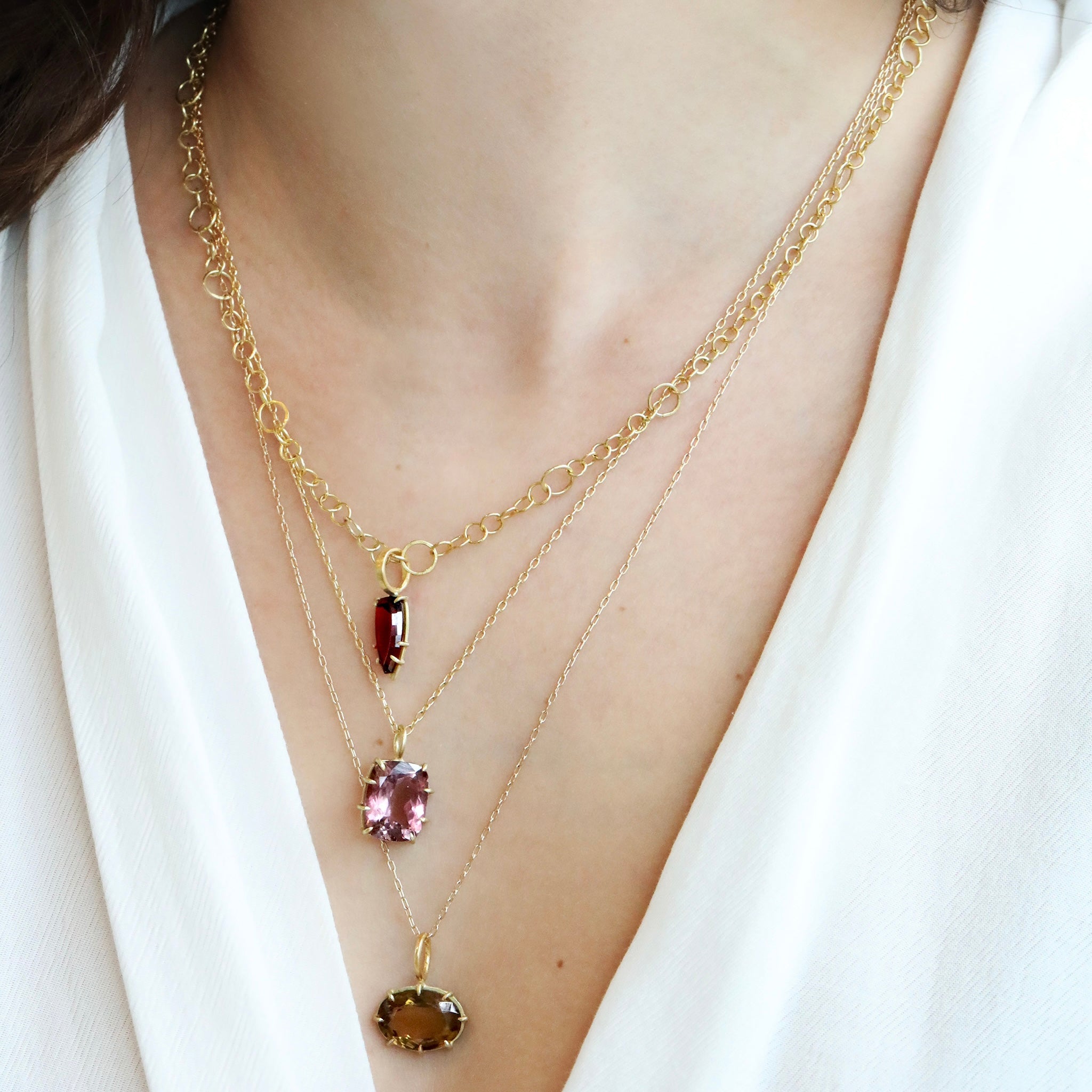 18K Gold Multi Prong-Set Cushion-Cut Rubellite Pendant - Peridot Fine Jewelry - Rosanne Pugliese
