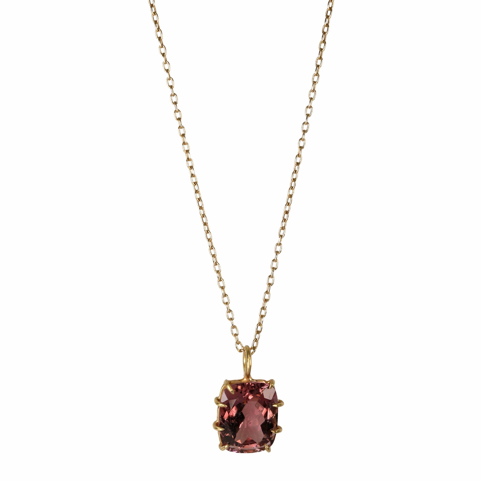 18K Gold Multi Prong-Set Cushion-Cut Rubellite Pendant - Peridot Fine Jewelry - Rosanne Pugliese