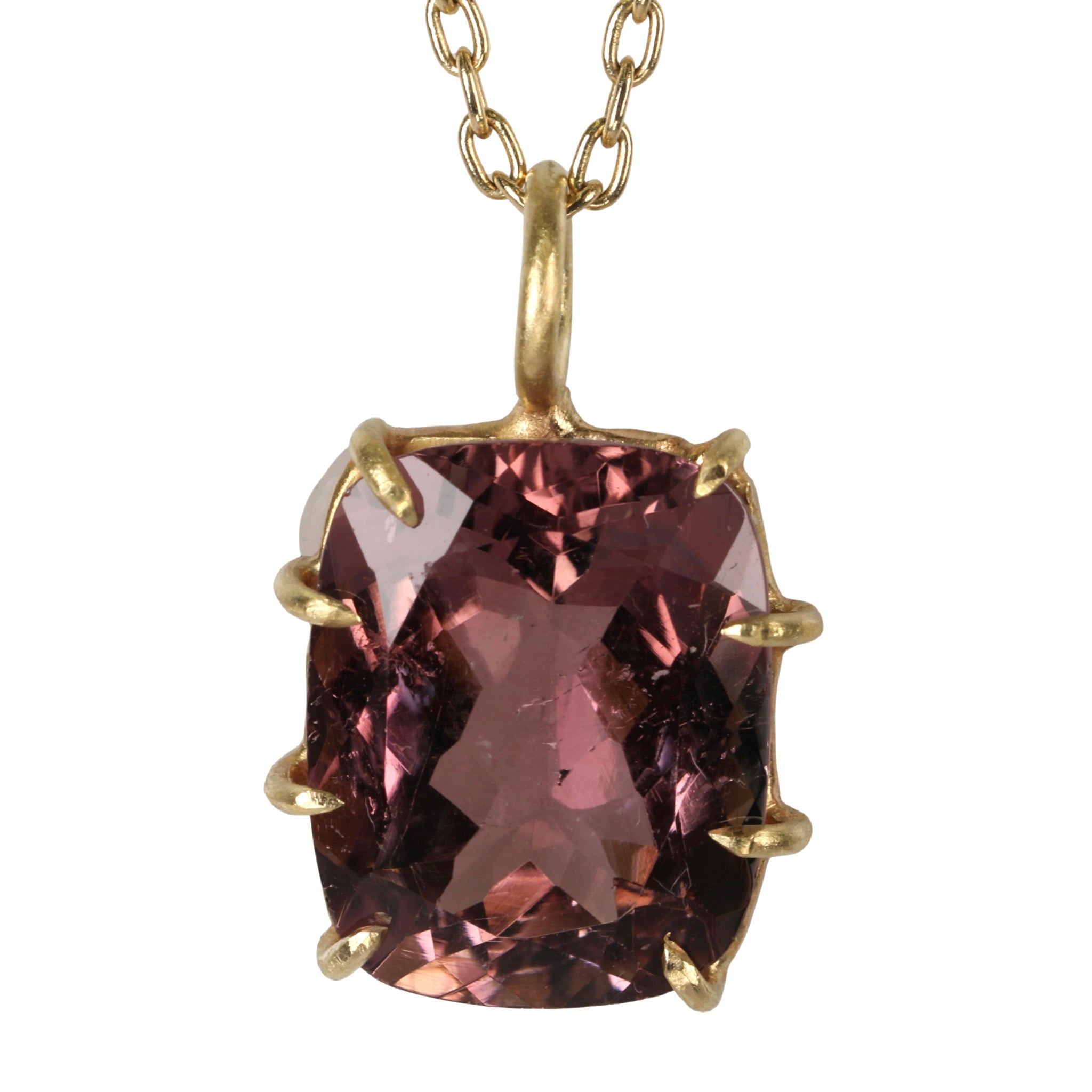 18K Gold Multi Prong-Set Cushion-Cut Rubellite Pendant - Peridot Fine Jewelry - Rosanne Pugliese