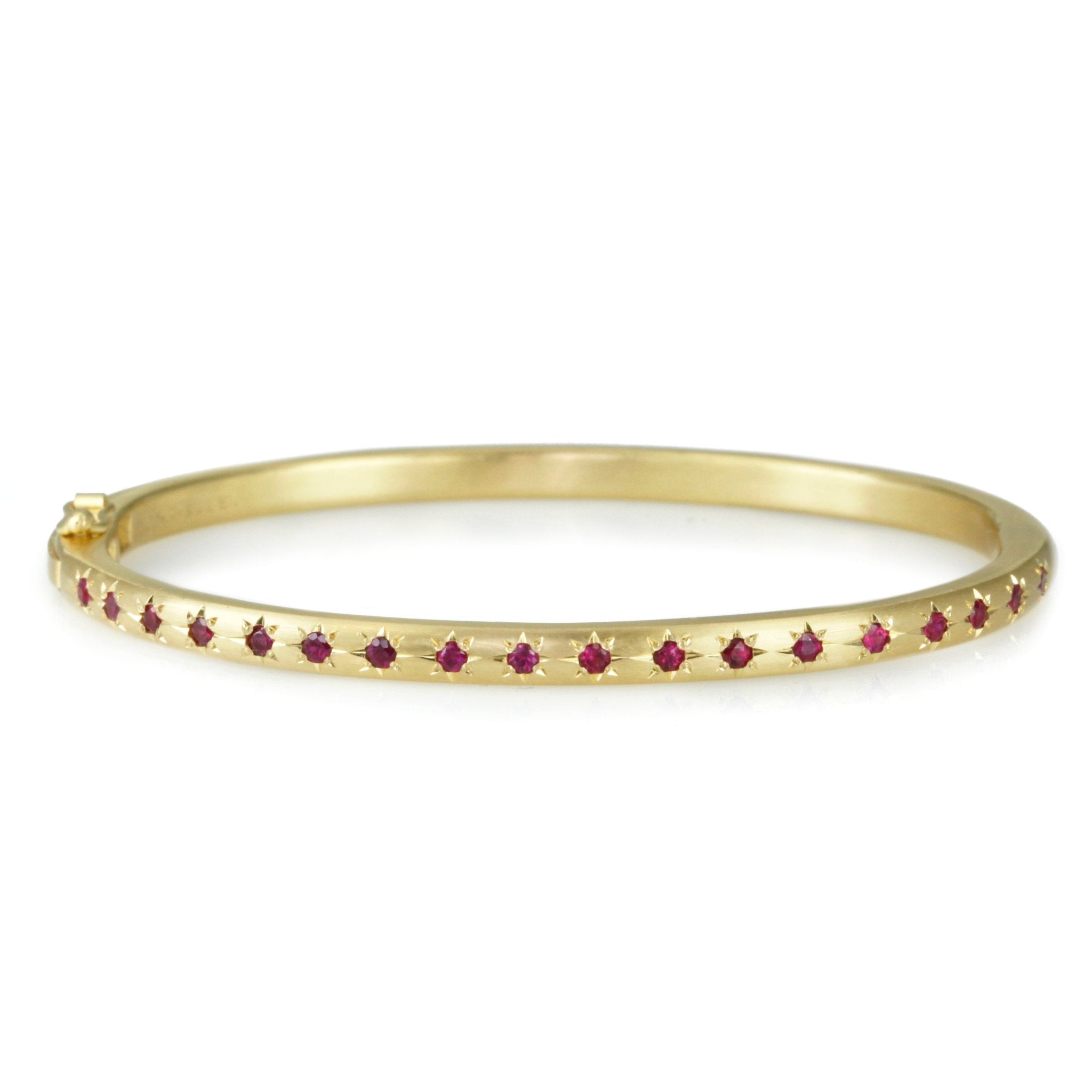 Caroline Ellen Gold Narrow Rounded Hinged Bangle with Star-Set Burmese Rubies
