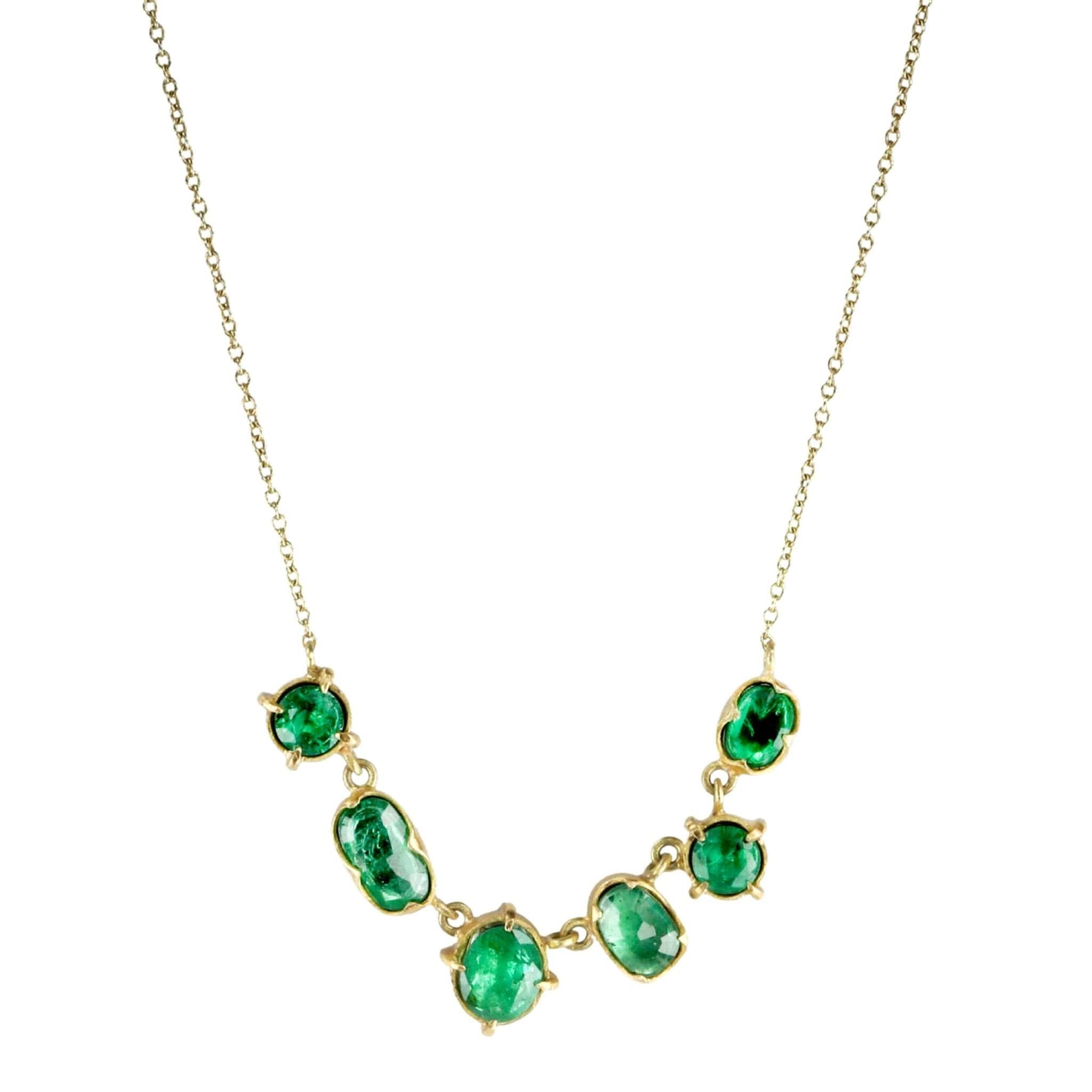 Annie Fensterstock 18K Gold Necklace with Six Multi-Shaped Emeralds