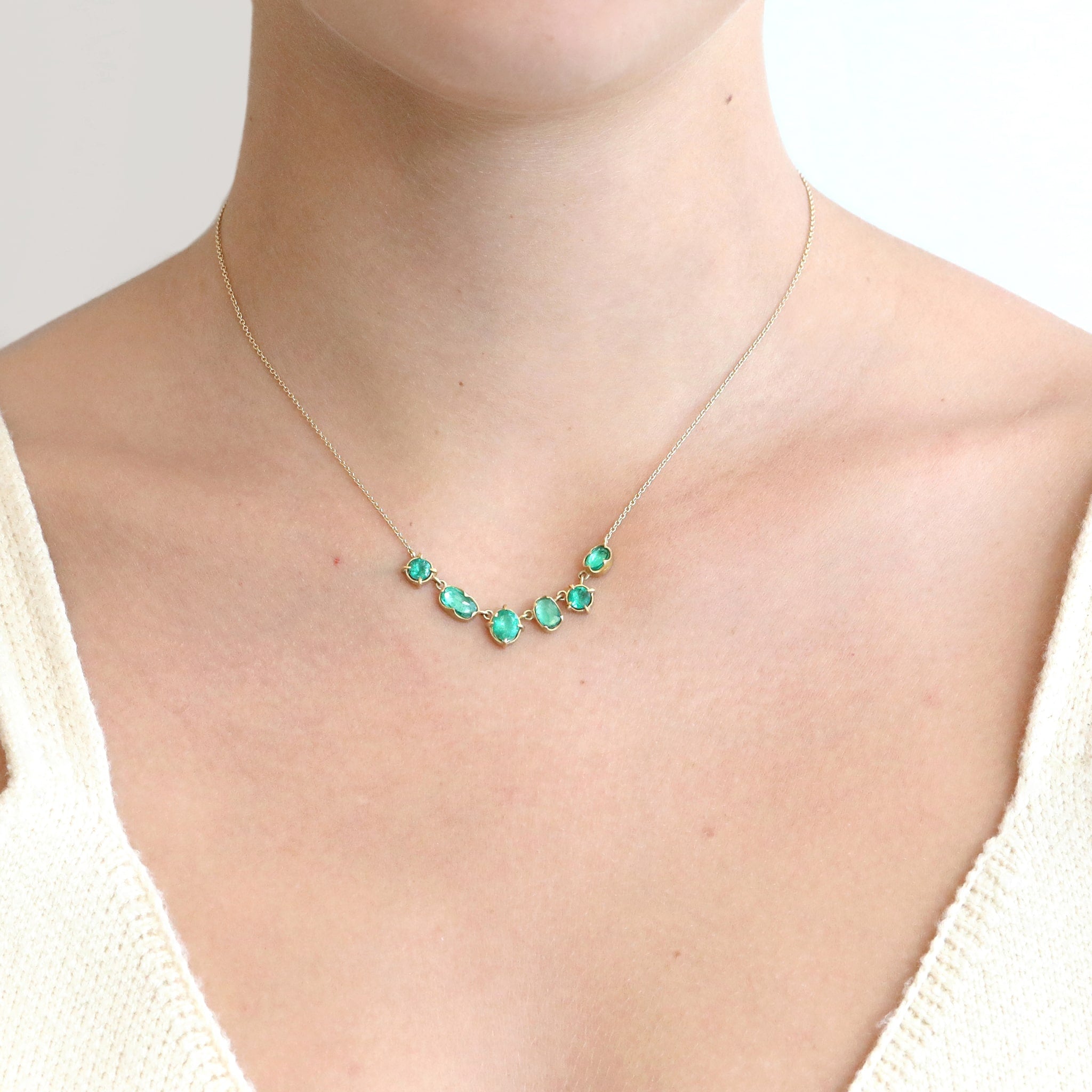 Annie Fensterstock 18K Gold Necklace with Six Multi-Shaped Emeralds