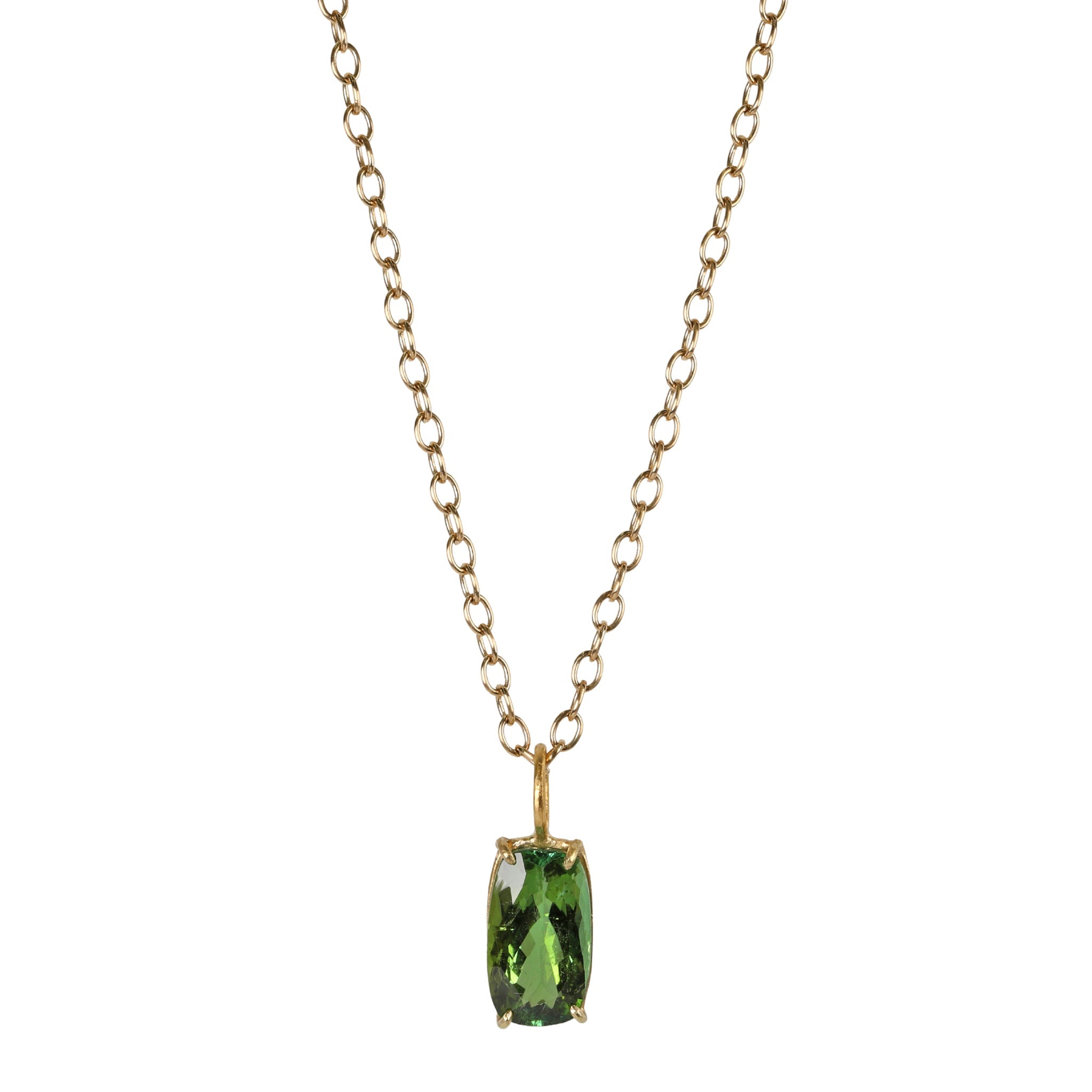 18K Gold Prong-Set Cushion-Cut Green Tourmaline Pendant - Peridot Fine Jewelry - Rosanne Pugliese