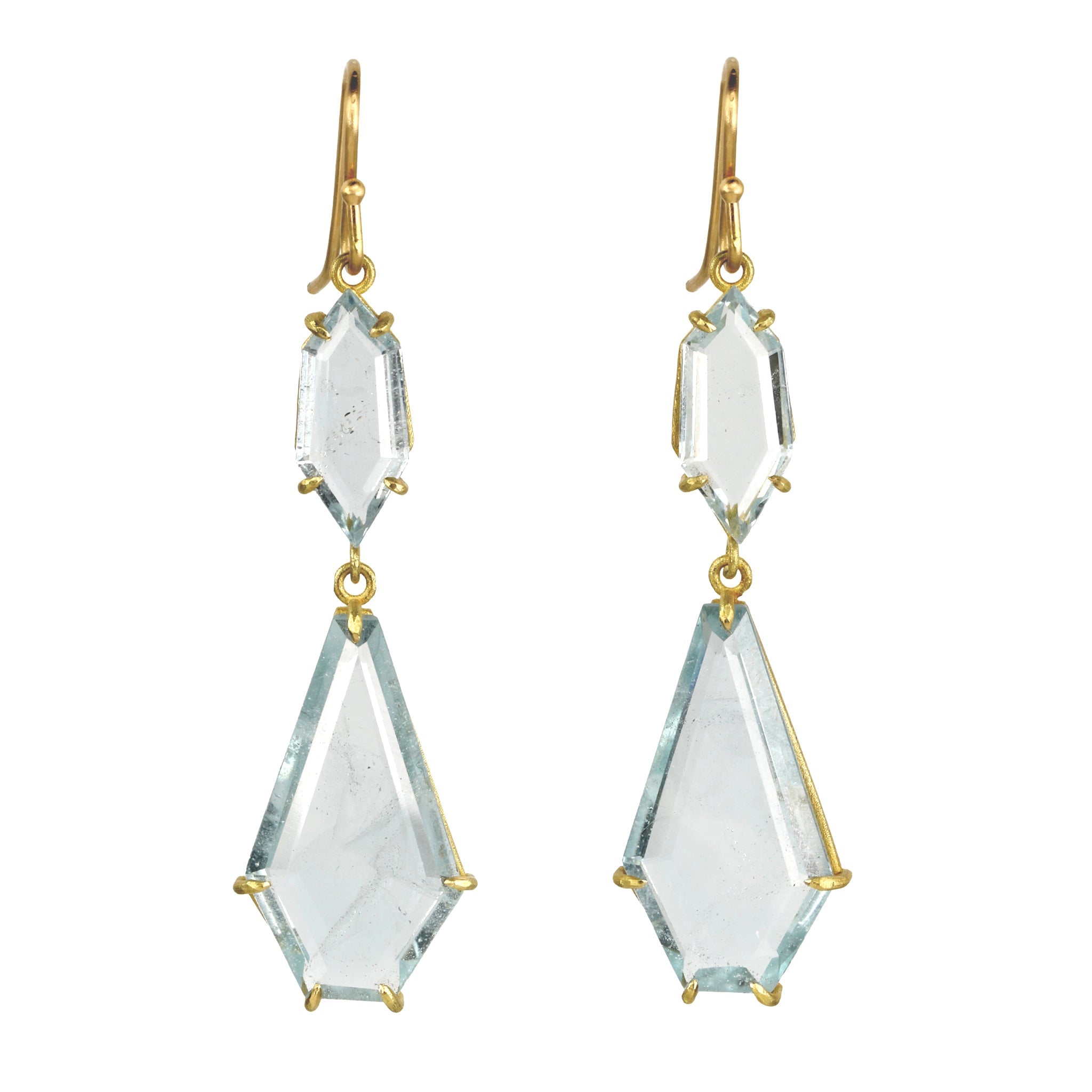 18K Gold Prong-Set Pale Blue Topaz Double Drop "Geometric" Earrings
