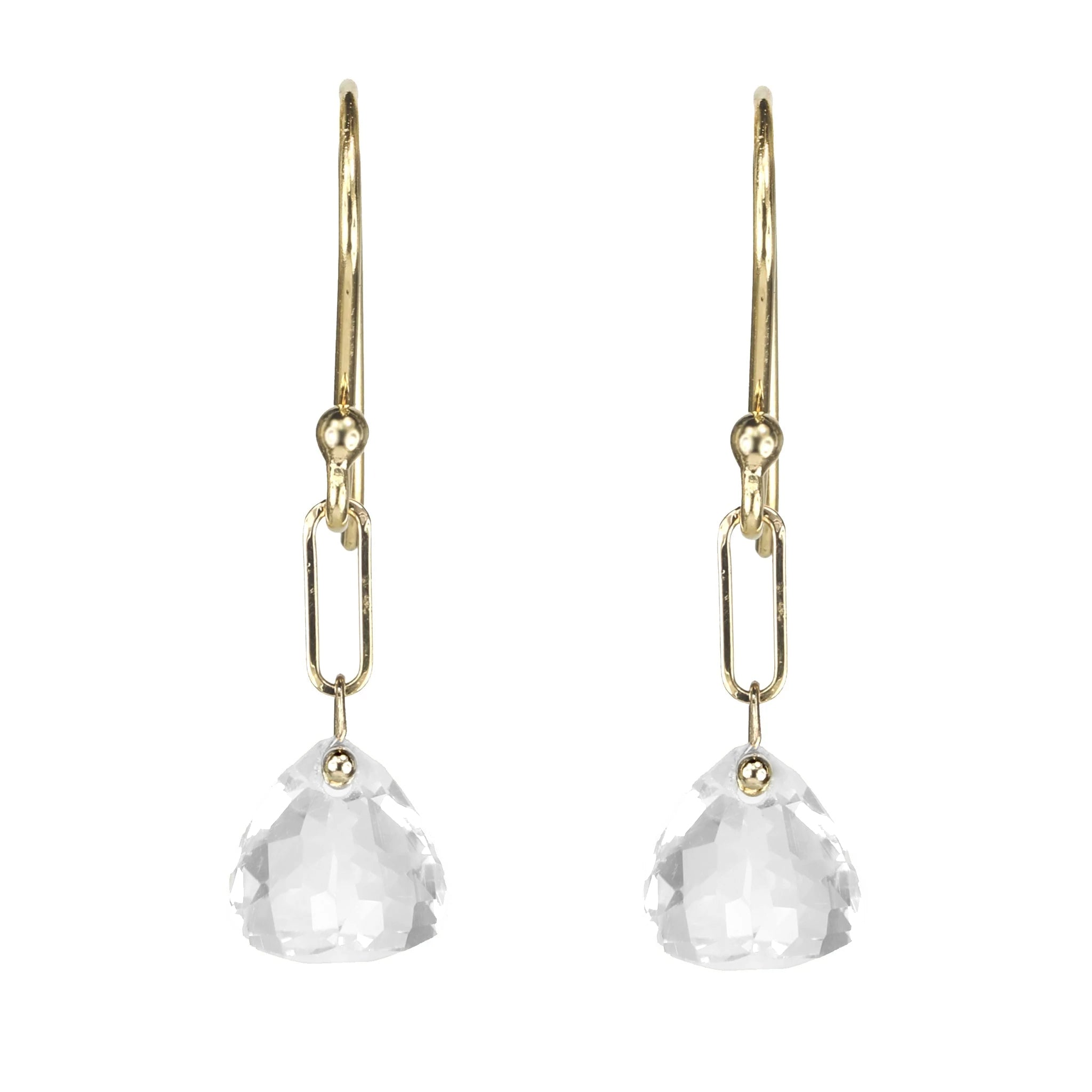 18K Gold Rock Crystal Quartz Paperclip Drop Earrings - Peridot Fine Jewelry - Anne Sportun