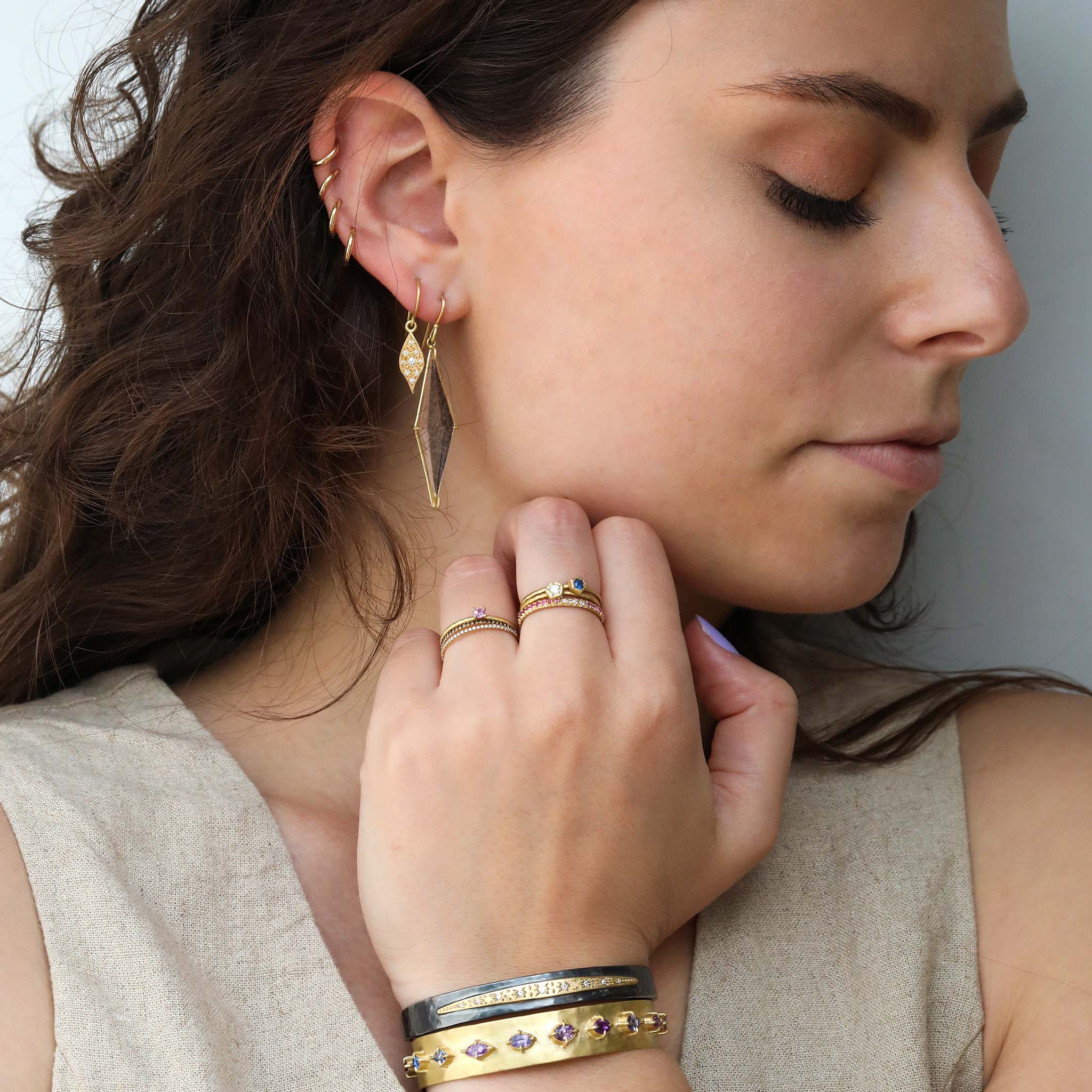 Annie Fensterstock 18K Gold "Rock" Ring with Bezel Set Diamond