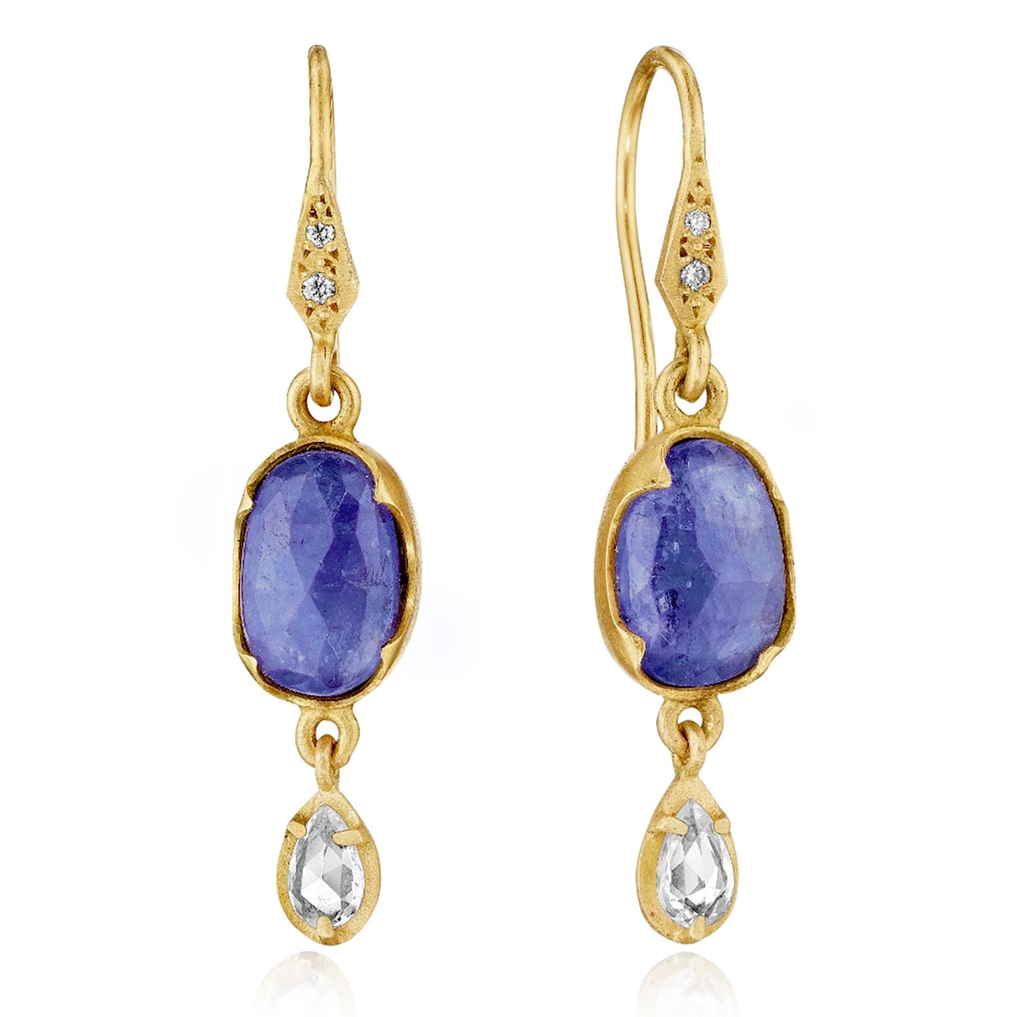 Annie Fensterstock 18K Gold Tanzanite Earrings with White Sapphire Drops
