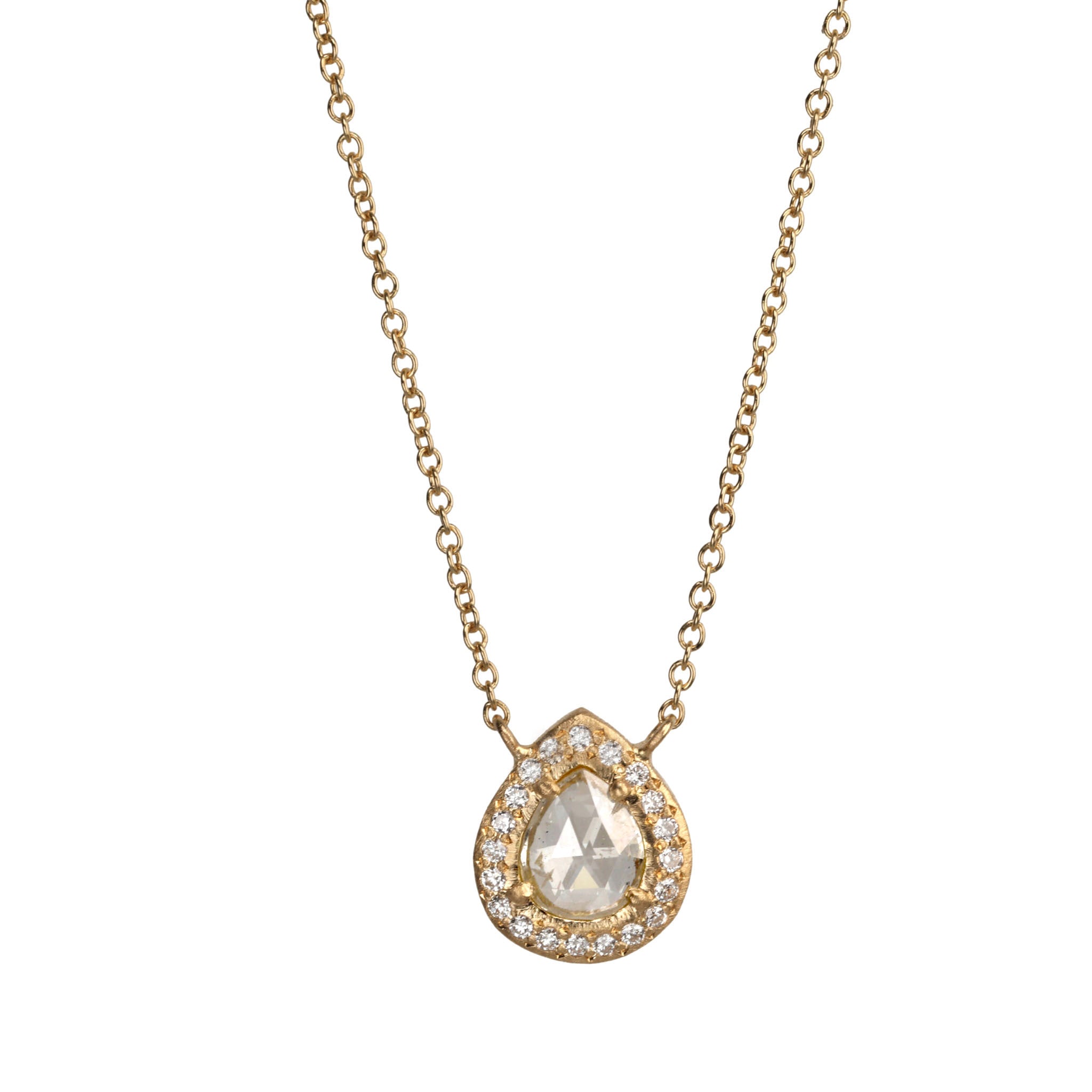 18K Gold Teardrop Rosecut Diamond Necklace with Diamond Halo - Peridot Fine Jewelry - Yasuko Azuma