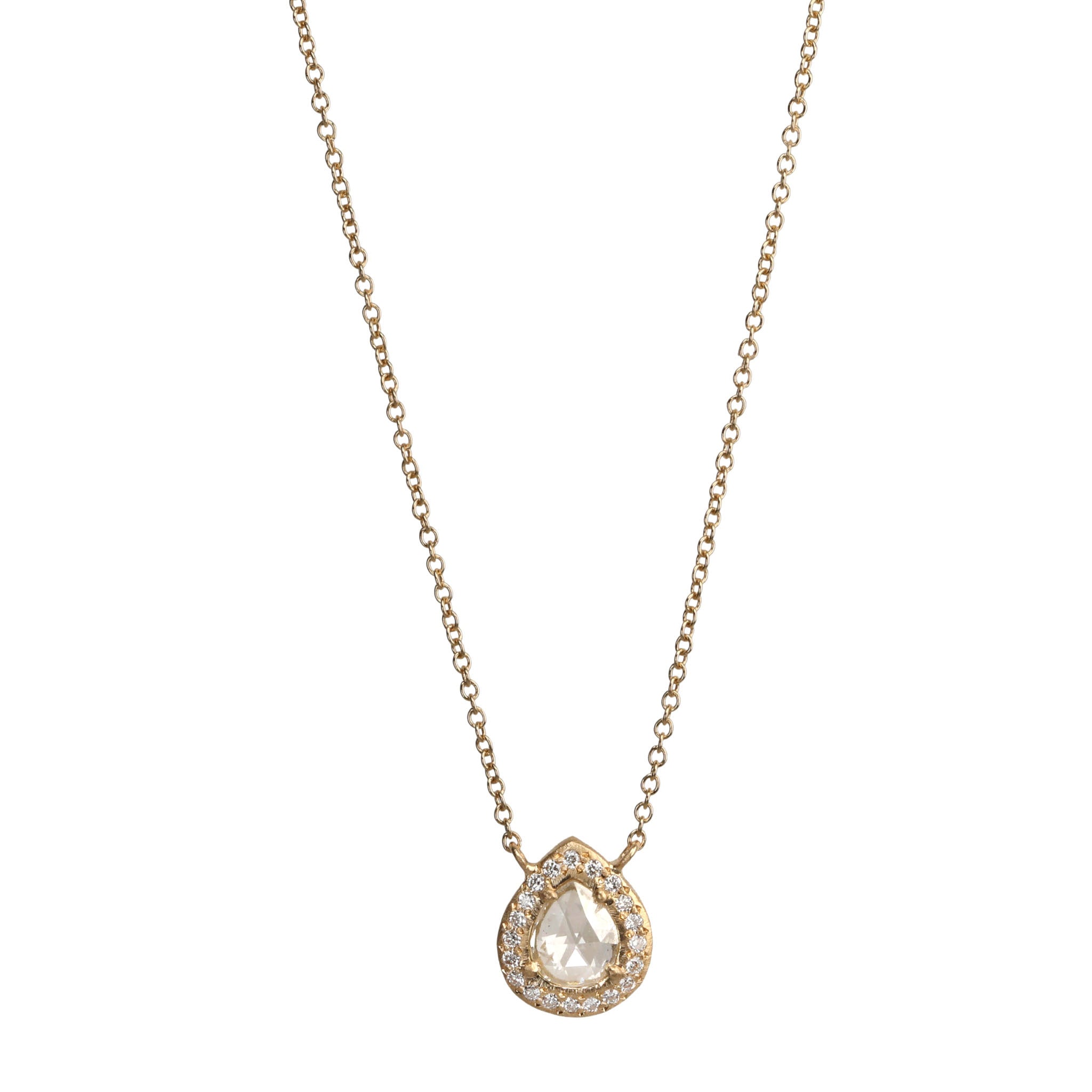 18K Gold Teardrop Rosecut Diamond Necklace with Diamond Halo - Peridot Fine Jewelry - Yasuko Azuma