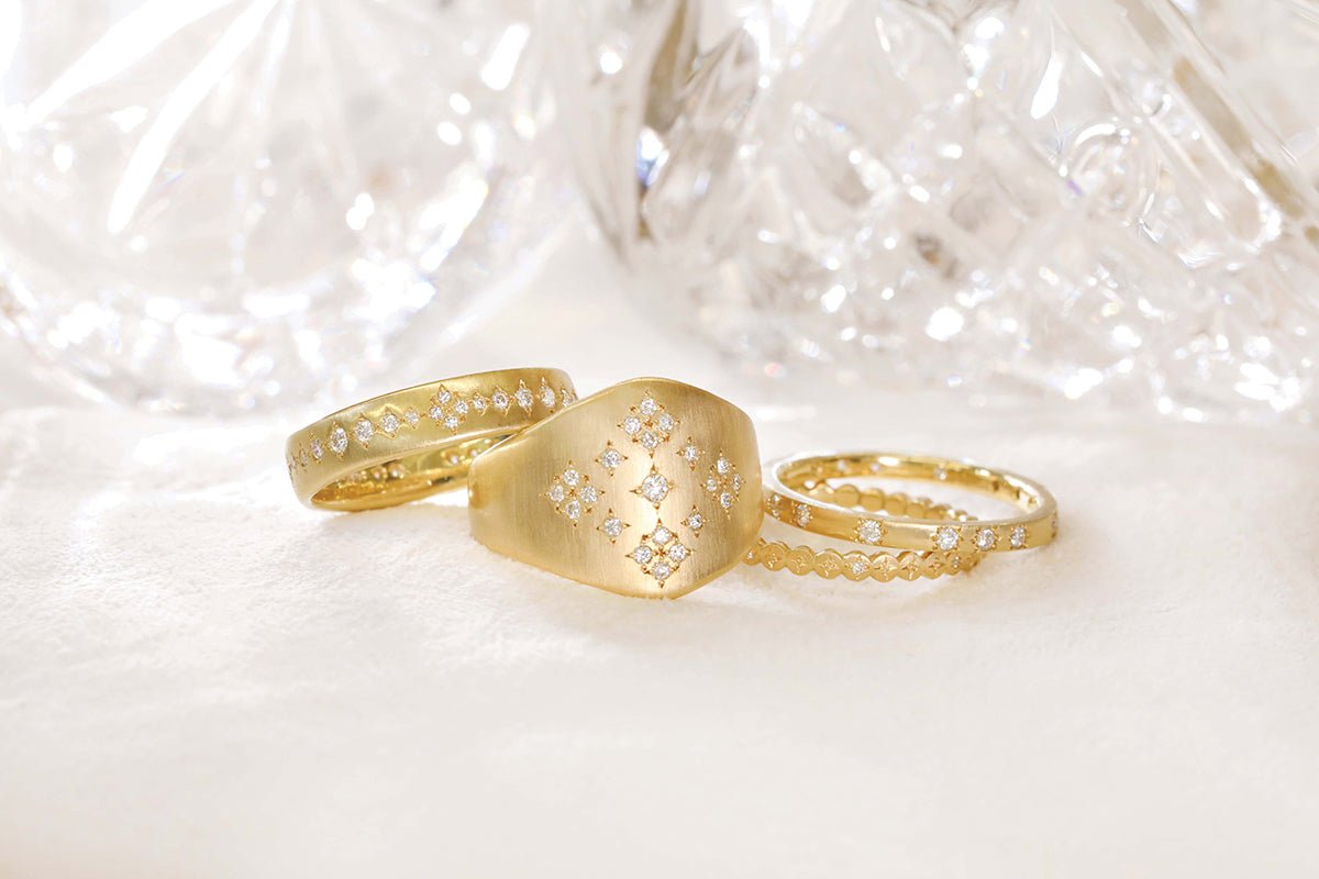 Adel Chefridi Gold Thin "River Rocks" Ring with Diamond and Etched Details