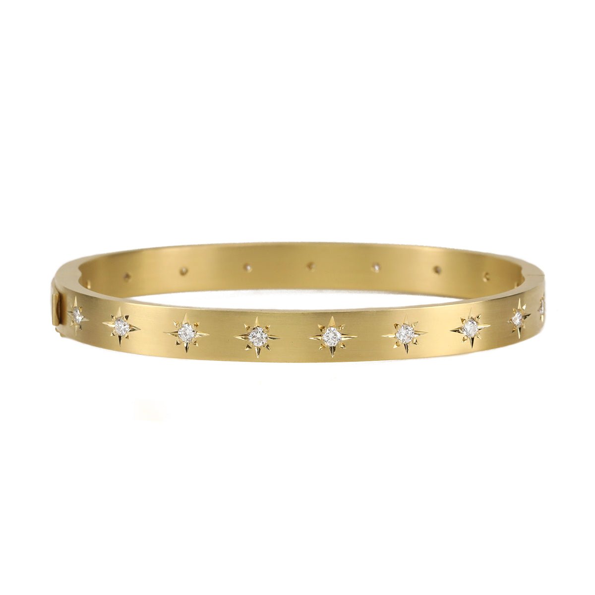 Caroline Ellen Gold Wide Hinged Bangle Bracelet with 18 Star-Set Diamonds