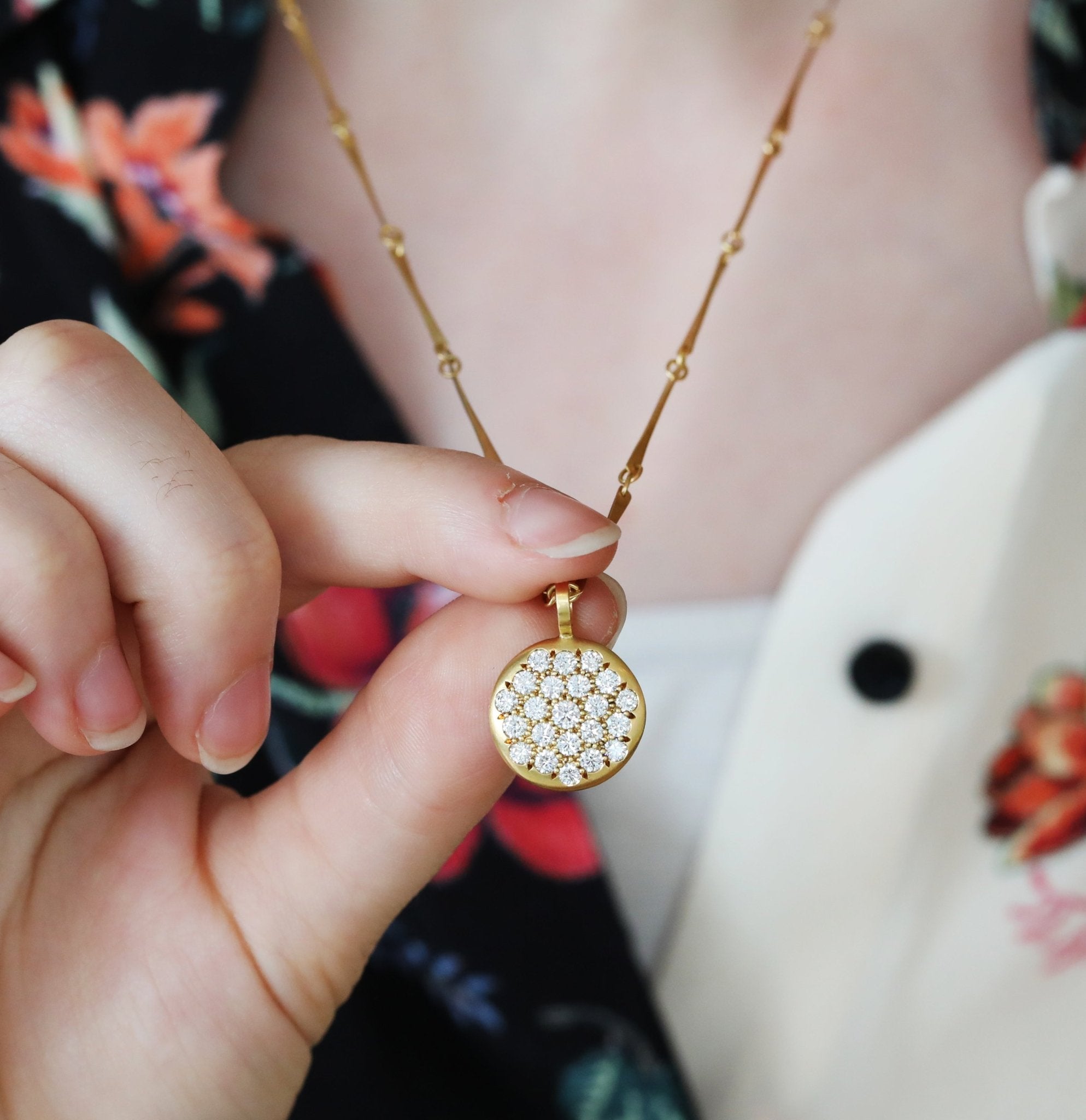 Caroline Ellen 20K Gold and Pave Diamond Large "Lentil" Pendant