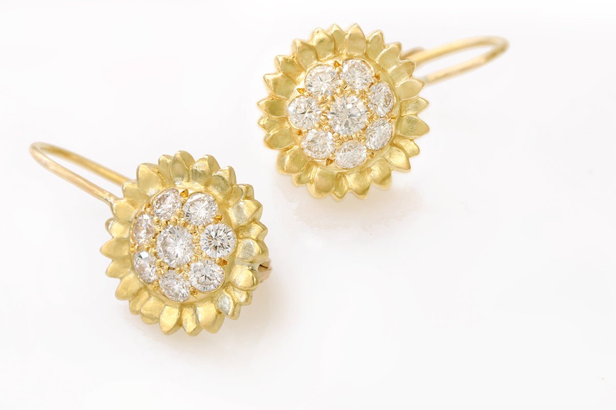 20K Gold and Pave Diamond "Sunflower" Earrings
