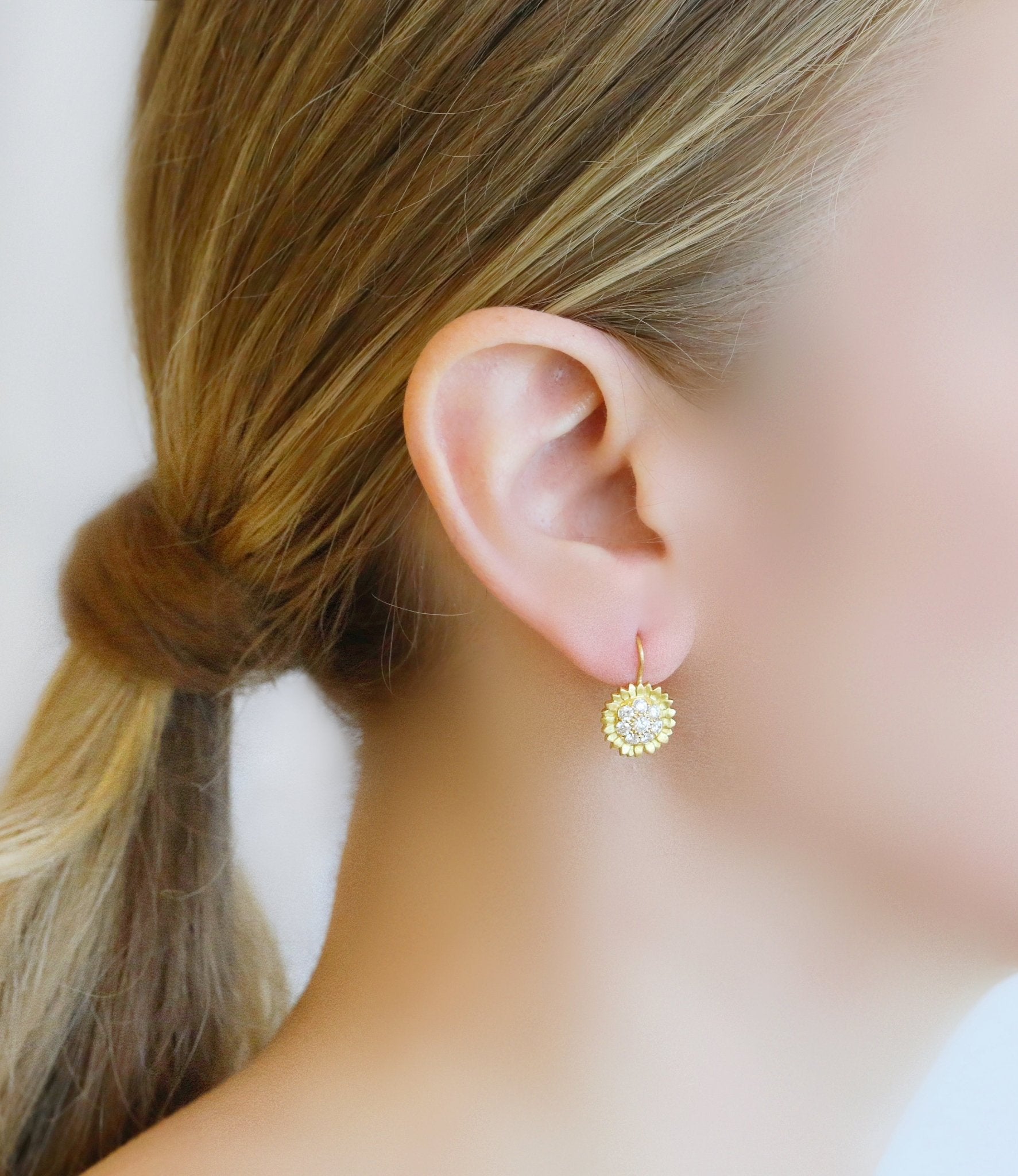 Caroline Ellen 20K Gold and Pave Diamond Sunflower Earrings Peridot Fine Jewelry