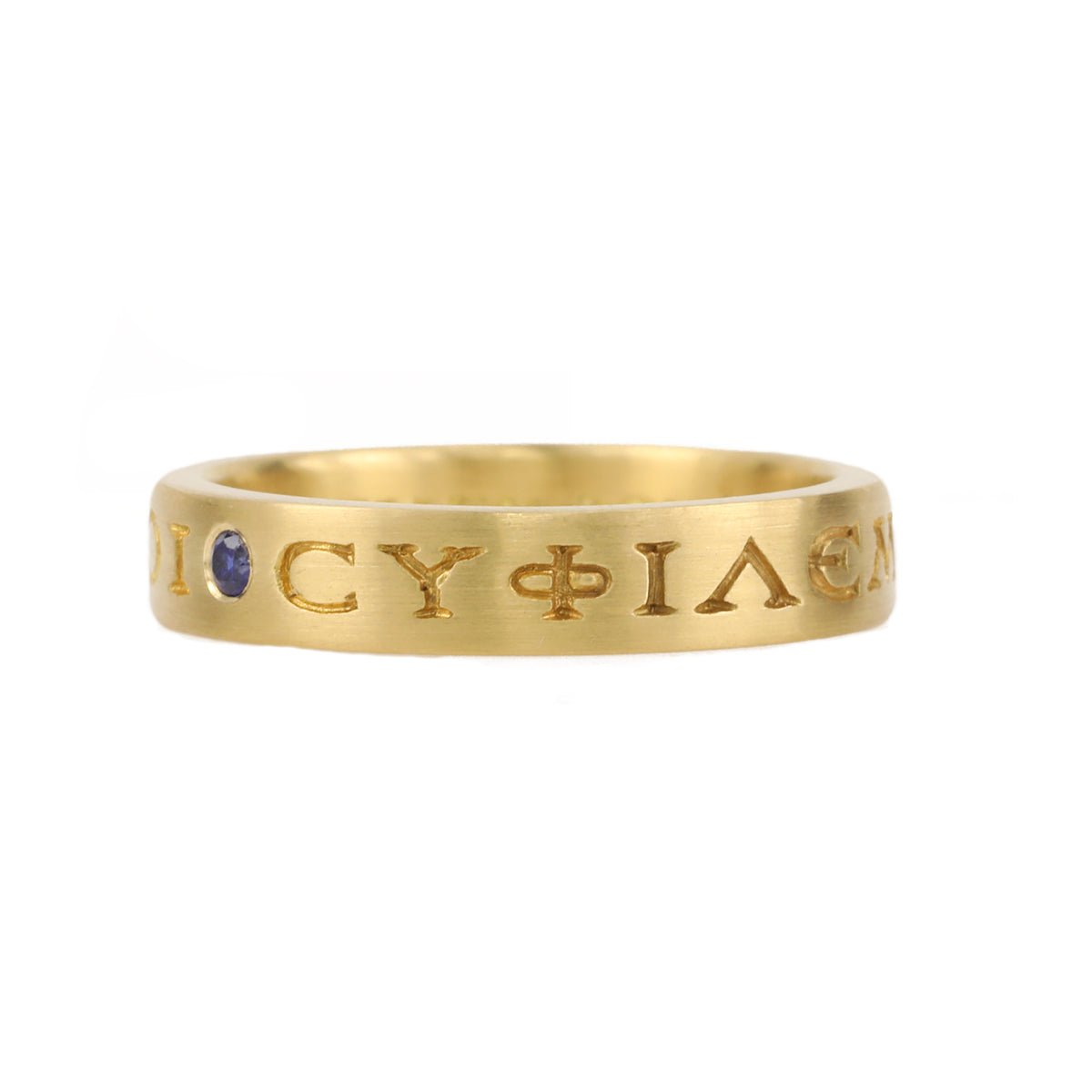 Caroline Ellen 20K Gold Engraved Greek Ring with Blue Sapphire Details