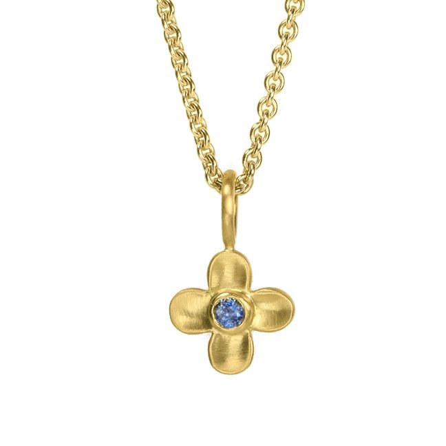 Caroline Ellen 20K Gold Four-Petal Flower Pendant with Blue Sapphire Center