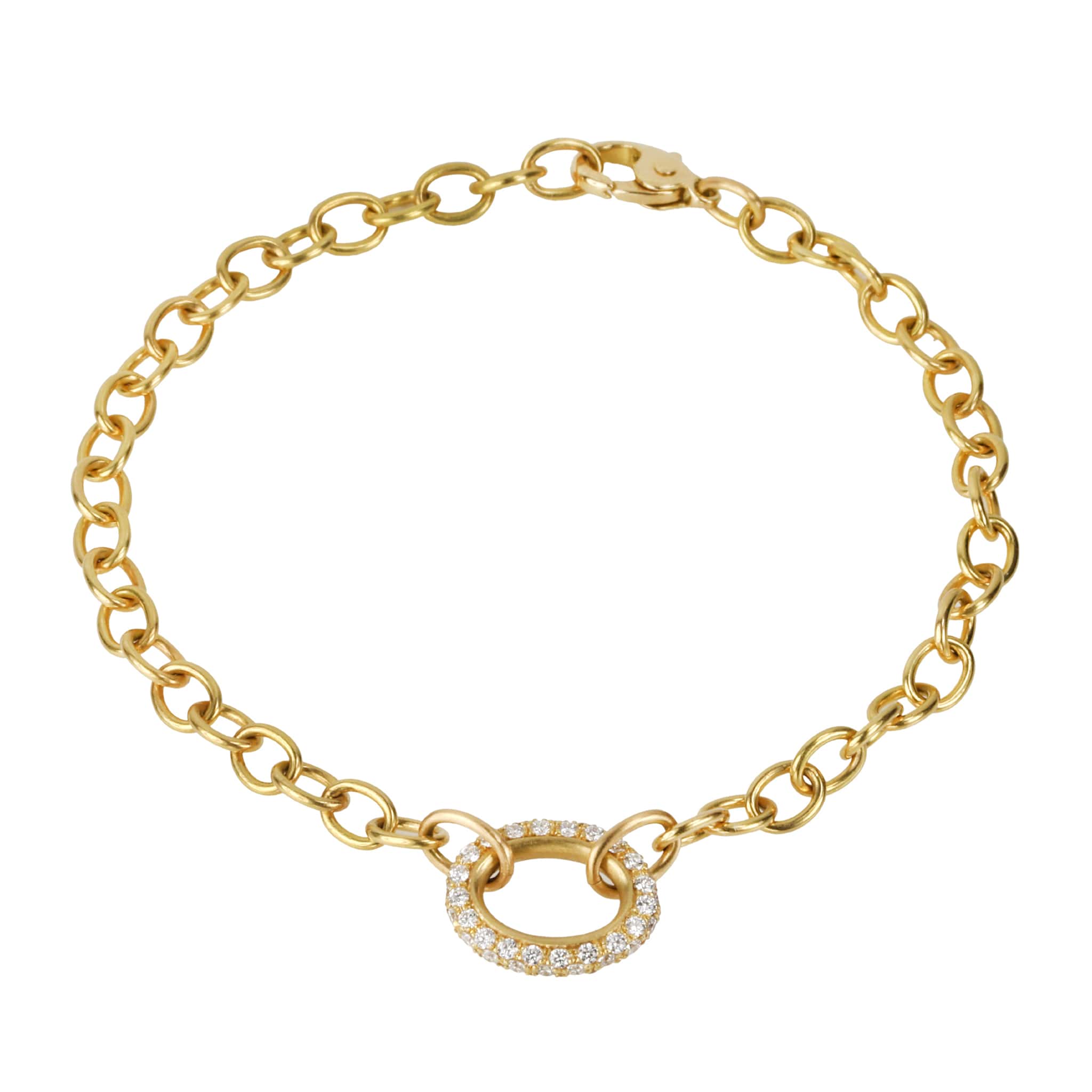 Caroline Ellen 20K Gold Handmade Small Oval Link Bracelet with Pave Diamond Oval Centerpiece