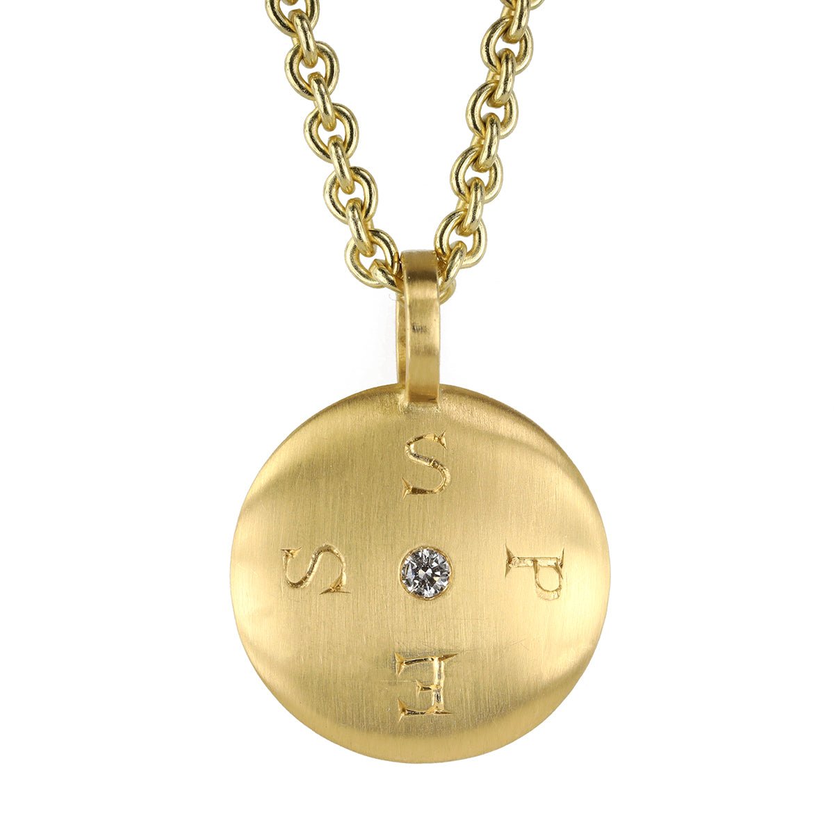 20K Gold "Large Lentil" Reversible Pendant with "Spes/Opes" Engraving and Diamond Center