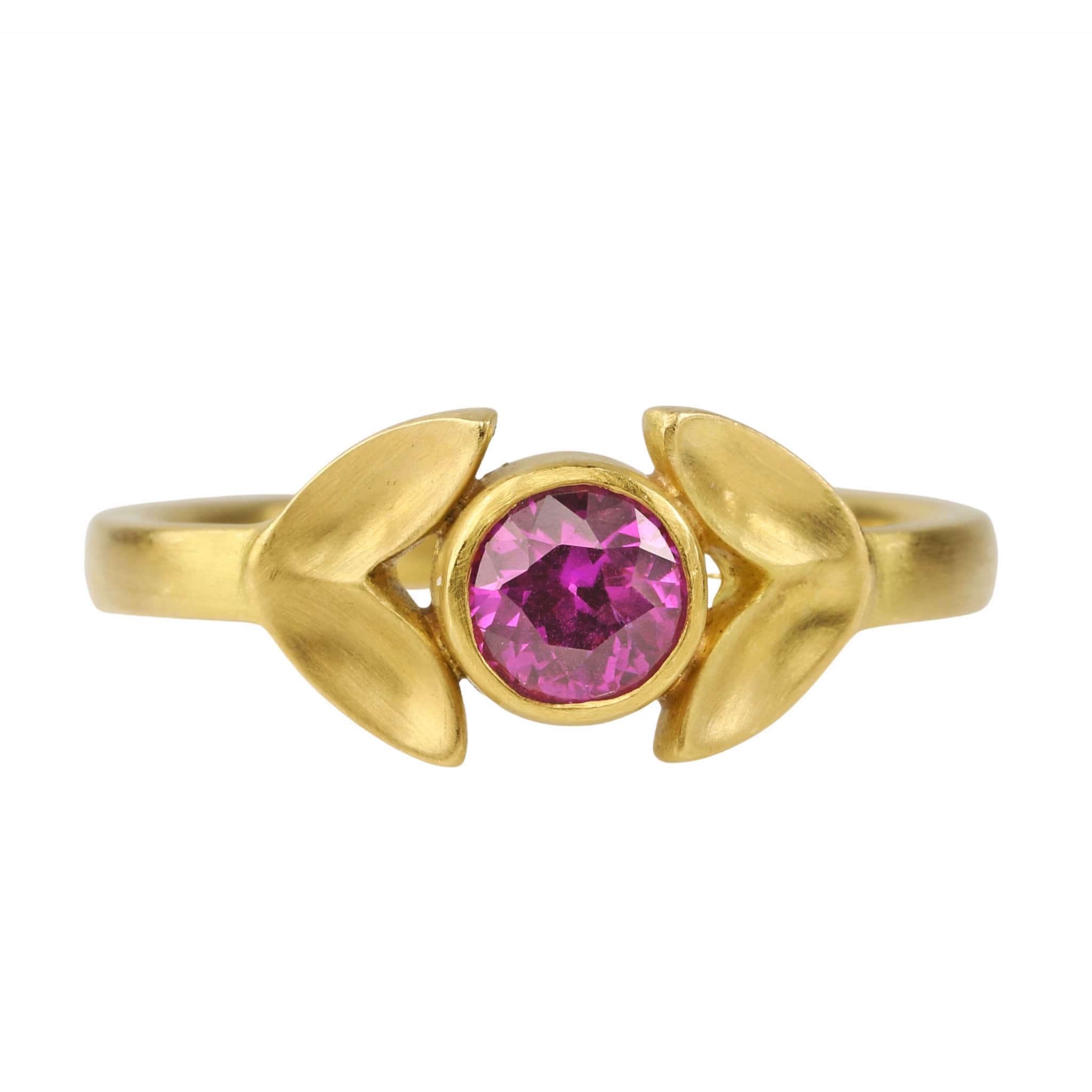 Caroline Ellen Gold "Laurel" Ring with Bezel-Set Pink Sapphire Center