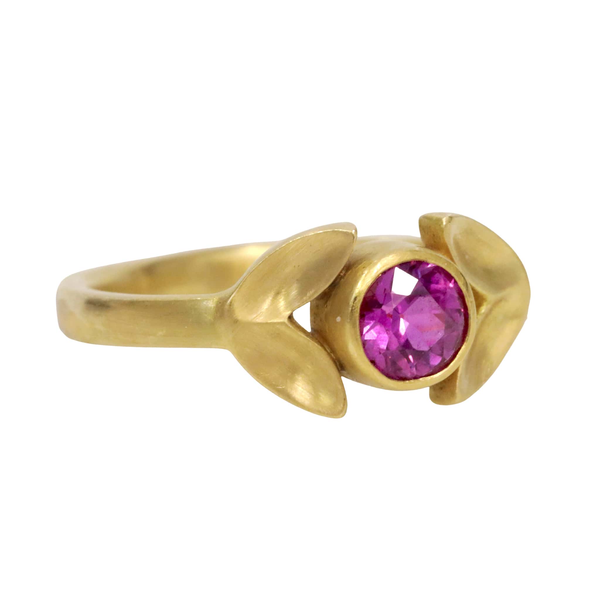 Caroline Ellen Gold "Laurel" Ring with Bezel-Set Pink Sapphire Center